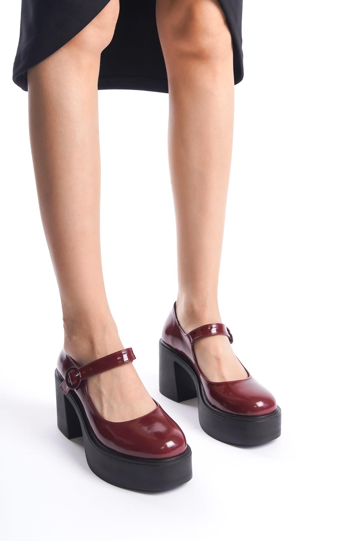 Biza Bordo Rugan Mary Jane Ayakkabı Kalın Platform Topuklu Sandalet - Görsel 2