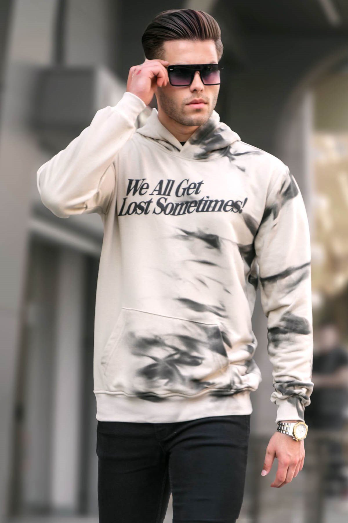 Madmext Bej Baskılı Kapüşonlu Sweatshirt 5897