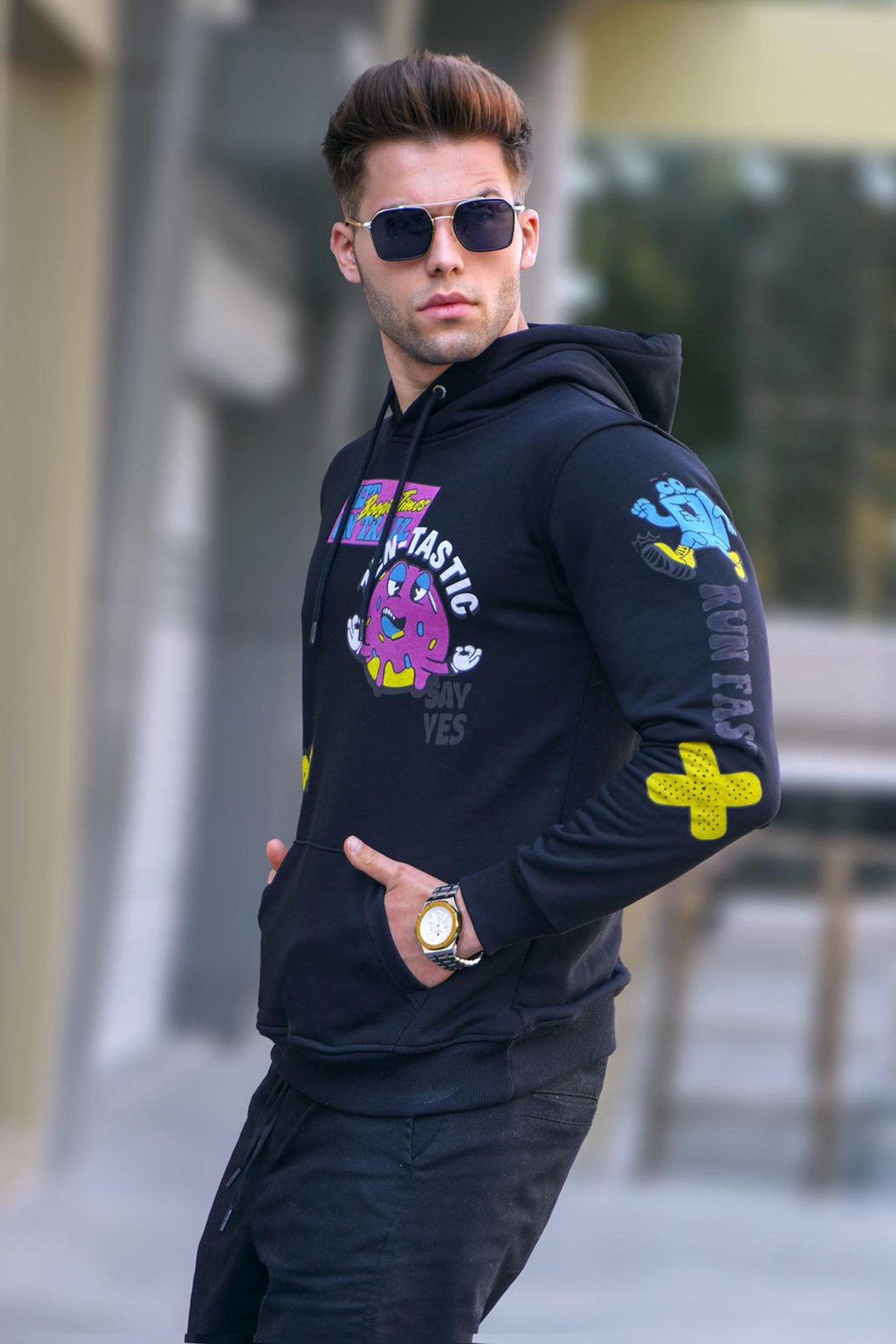 Madmext Siyah Baskılı Kapüşonlu Sweatshirt 5896