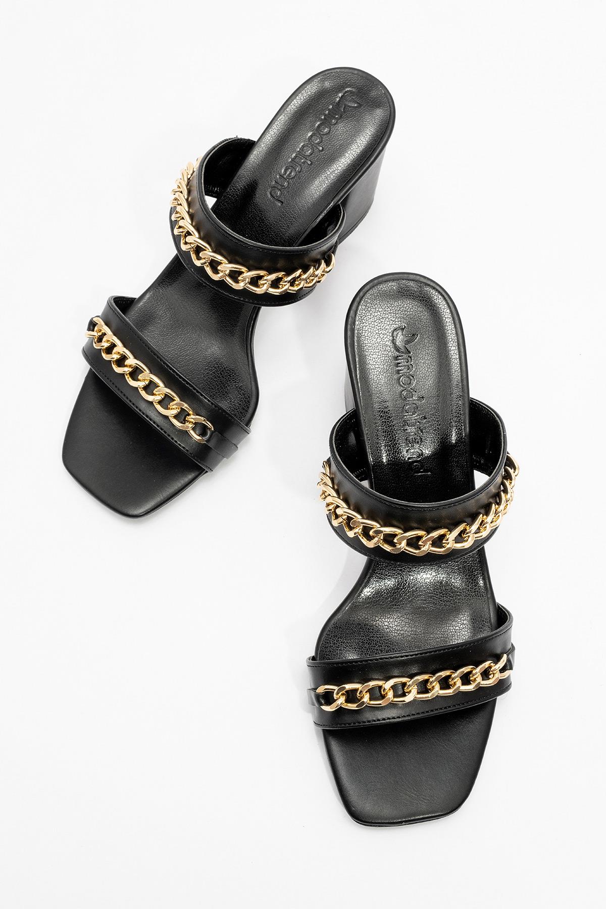 Kadın Zincirli Topuklu Terlik SİYAH CİLT - Görsel 6