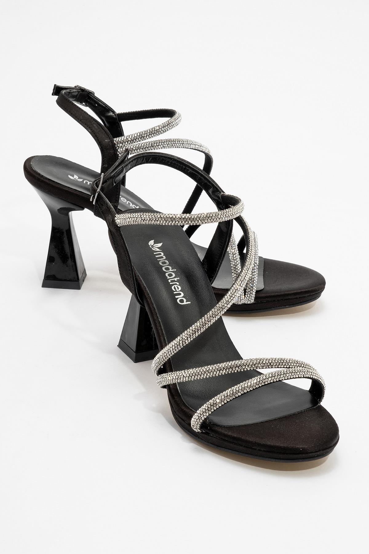 Çapraz Taşlı Kadın Topuklu Sandalet SİYAH SATEN - Görsel 2