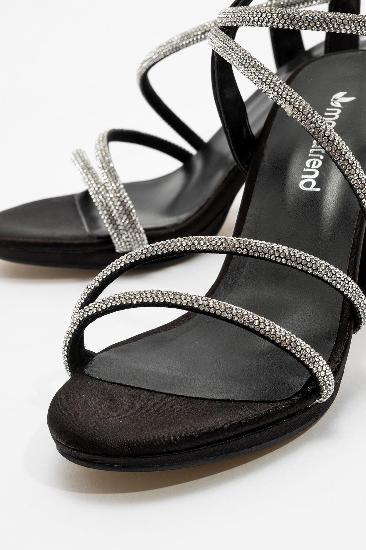 Çapraz Taşlı Kadın Topuklu Sandalet SİYAH SATEN - Görsel 4