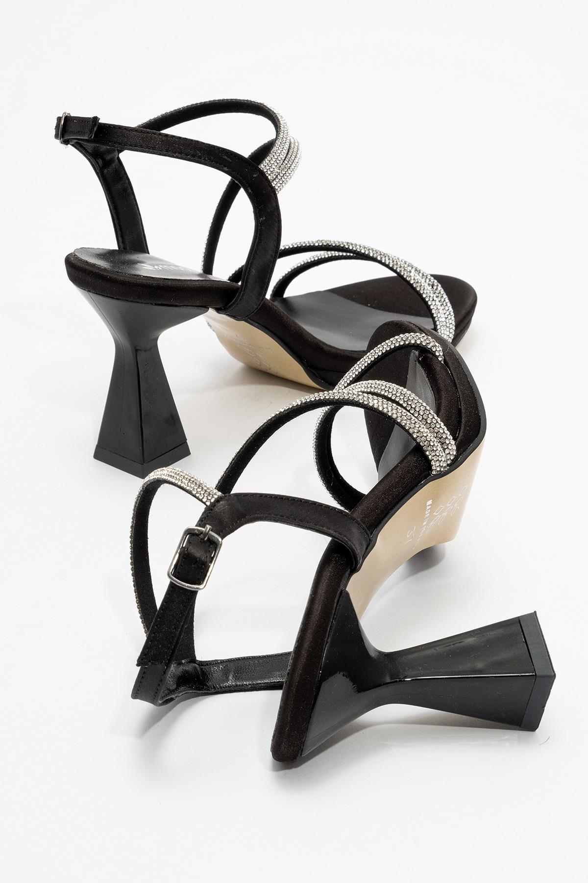 Çapraz Taşlı Kadın Topuklu Sandalet SİYAH SATEN - Görsel 5
