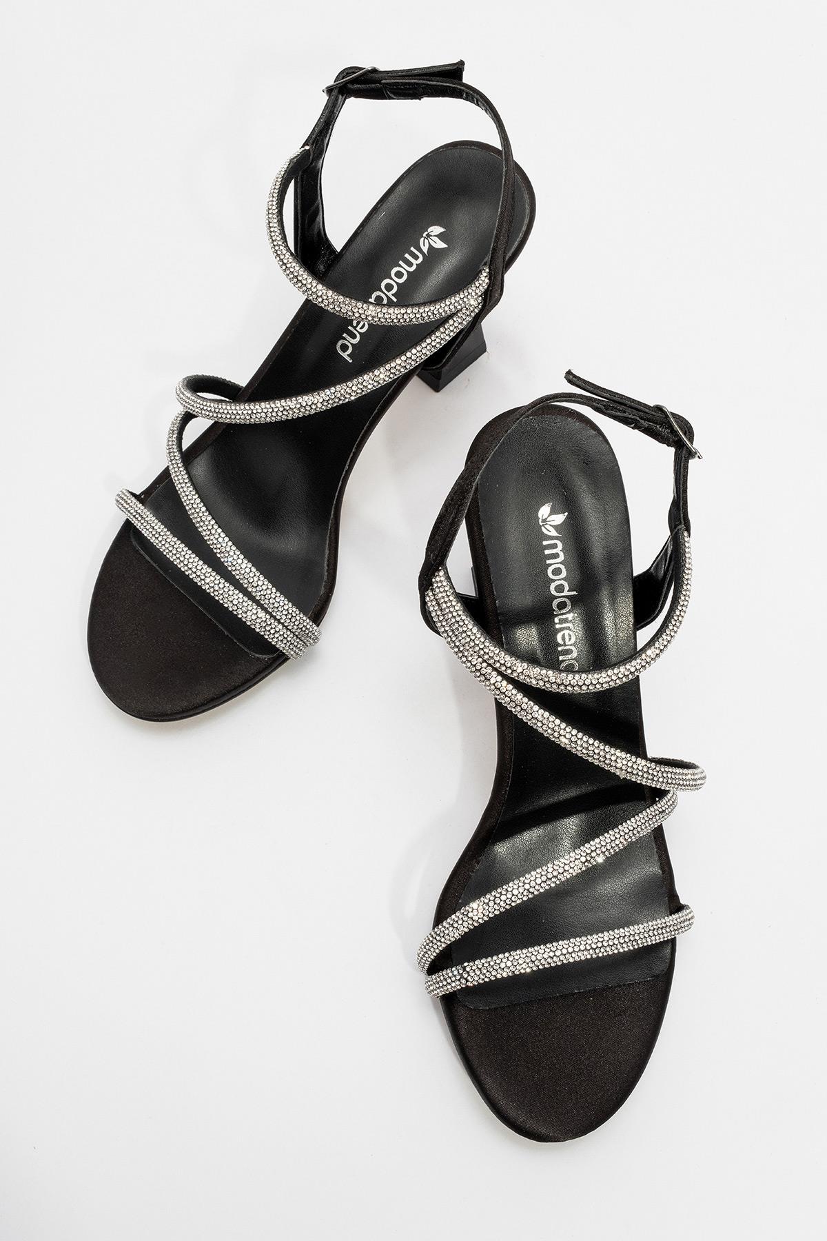 Çapraz Taşlı Kadın Topuklu Sandalet SİYAH SATEN - Görsel 6