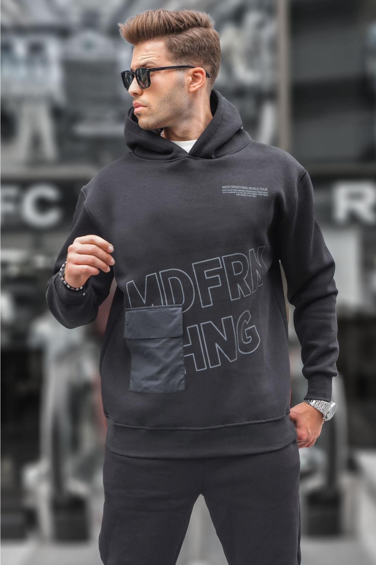 Madmext Siyah Baskılı Kapüşonlu Sweatshirt 6148