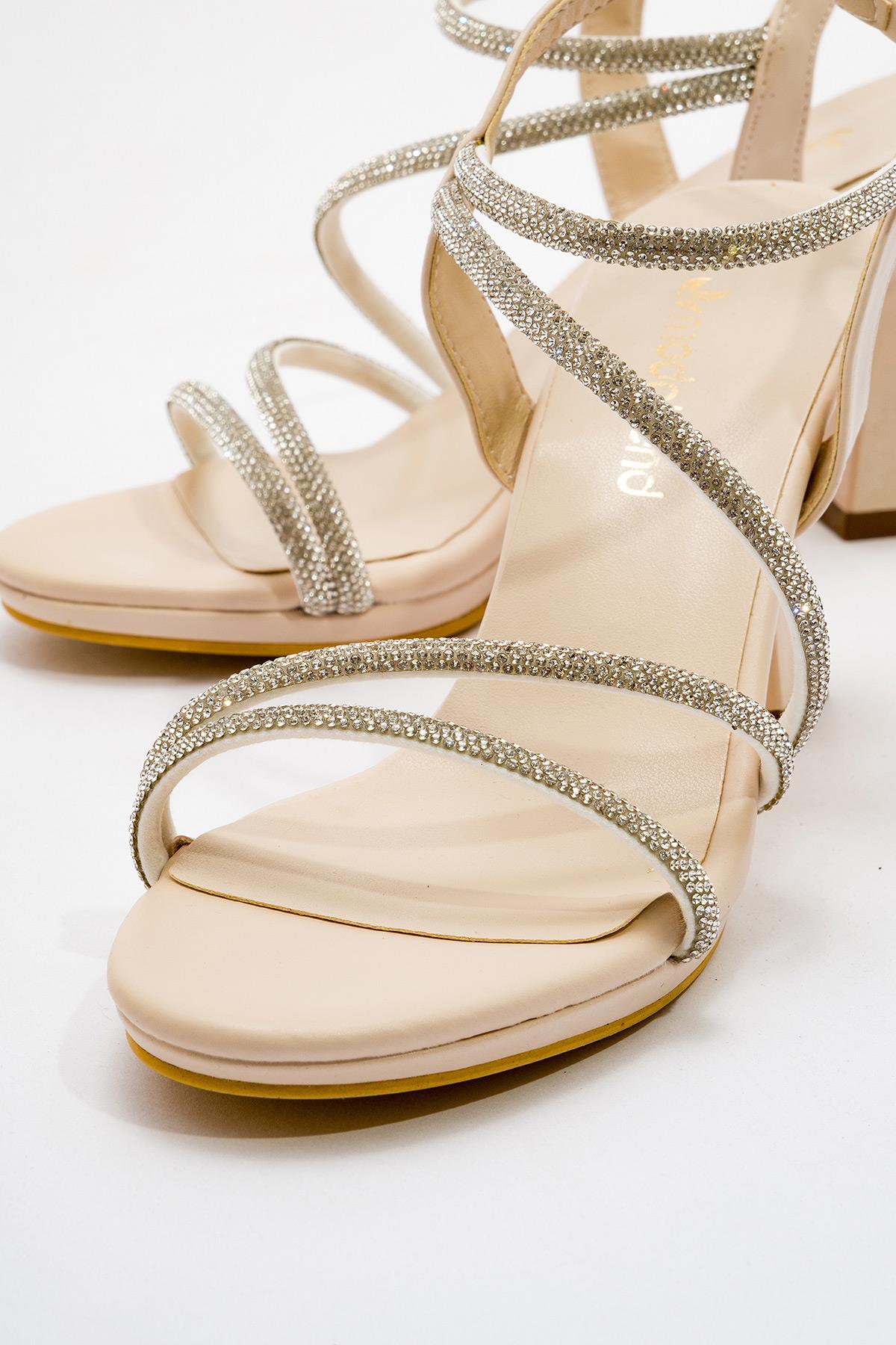 Çapraz Taşlı Kadın Topuklu Sandalet TEN CİLT - Görsel 4