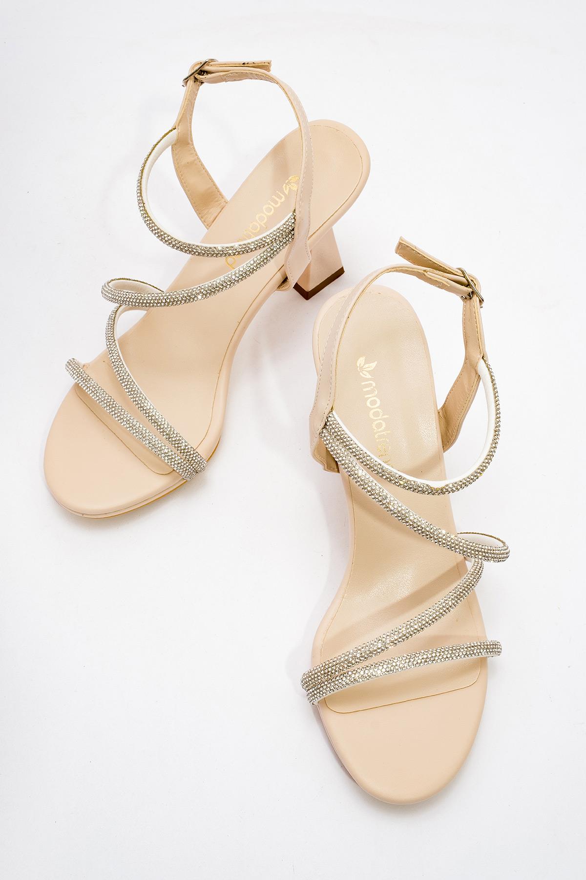 Çapraz Taşlı Kadın Topuklu Sandalet TEN CİLT - Görsel 6