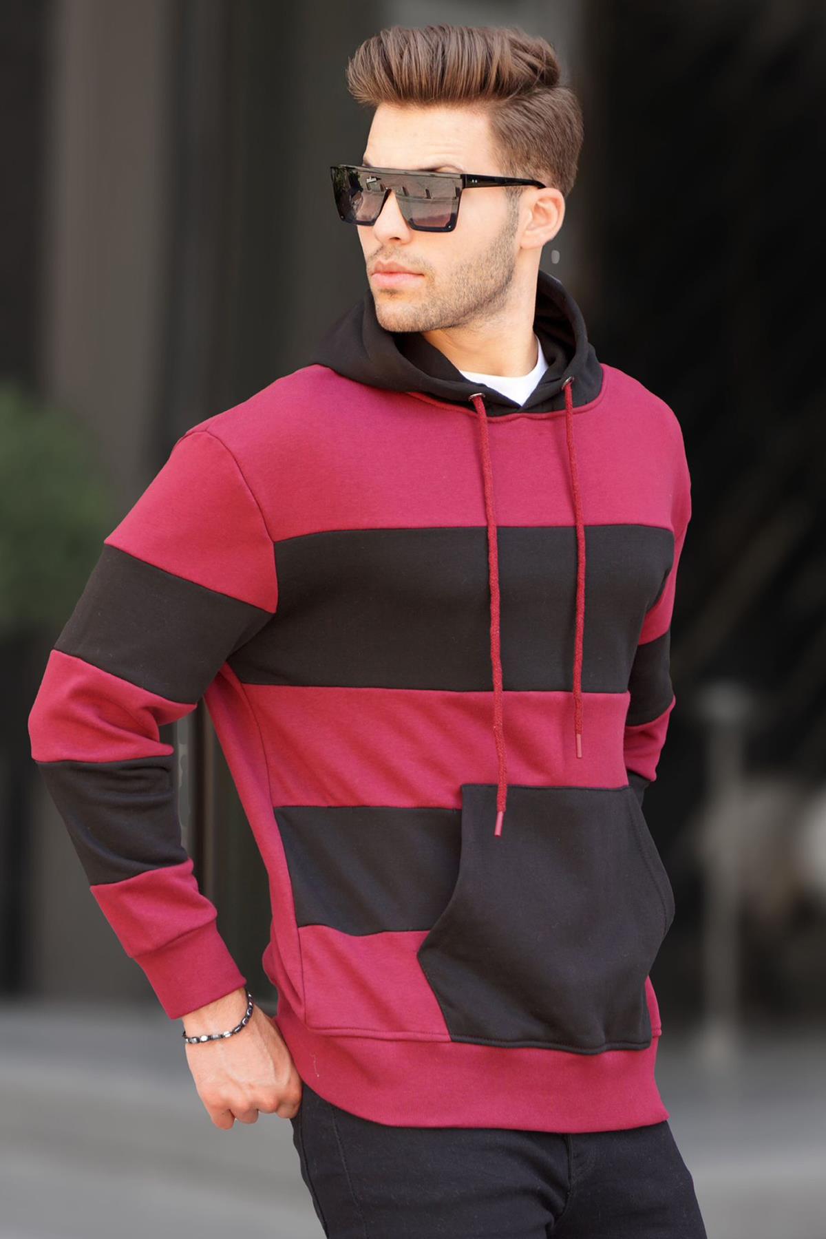 Bordo Kapüşonlu Çizgili Erkek Sweatshirt 6144