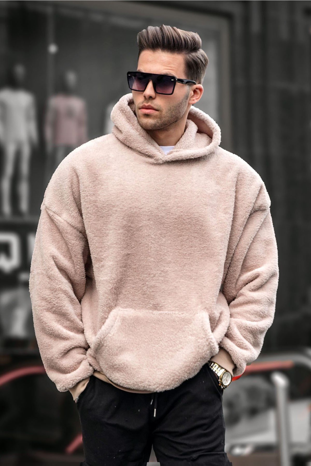 Bej Peluş Kapüşonlu Erkek Sweatshirt 6050