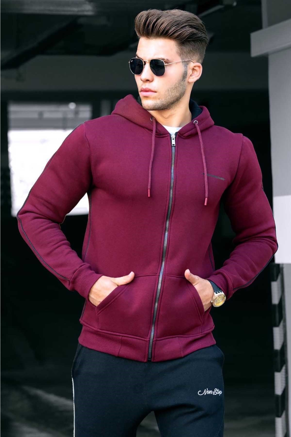 Bordo Fermuarlı Kapüşonlu Erkek Sweatshirt 4741