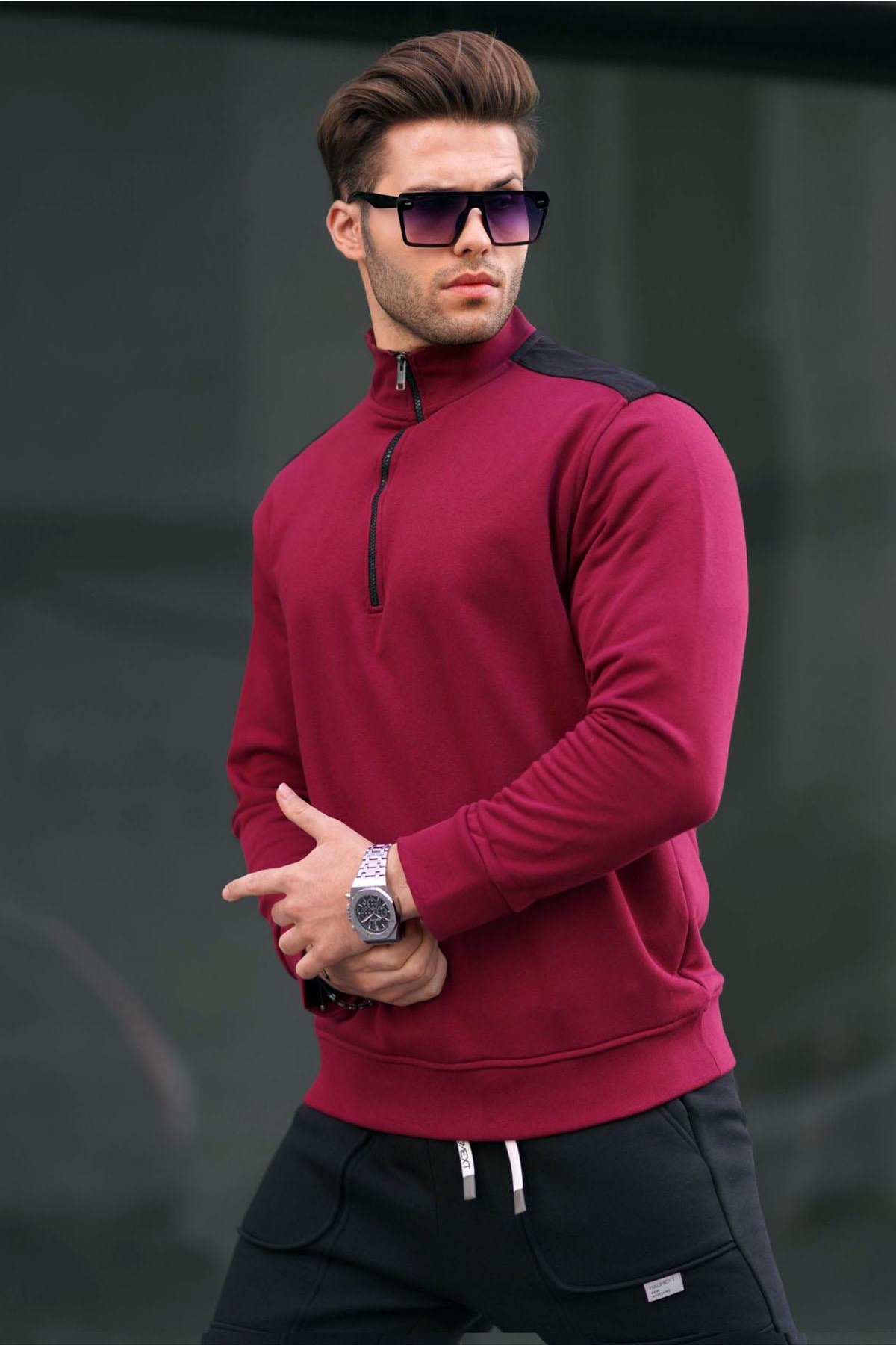 Bordo Fermuar Yaka Basic Erkek Sweatshirt 6157