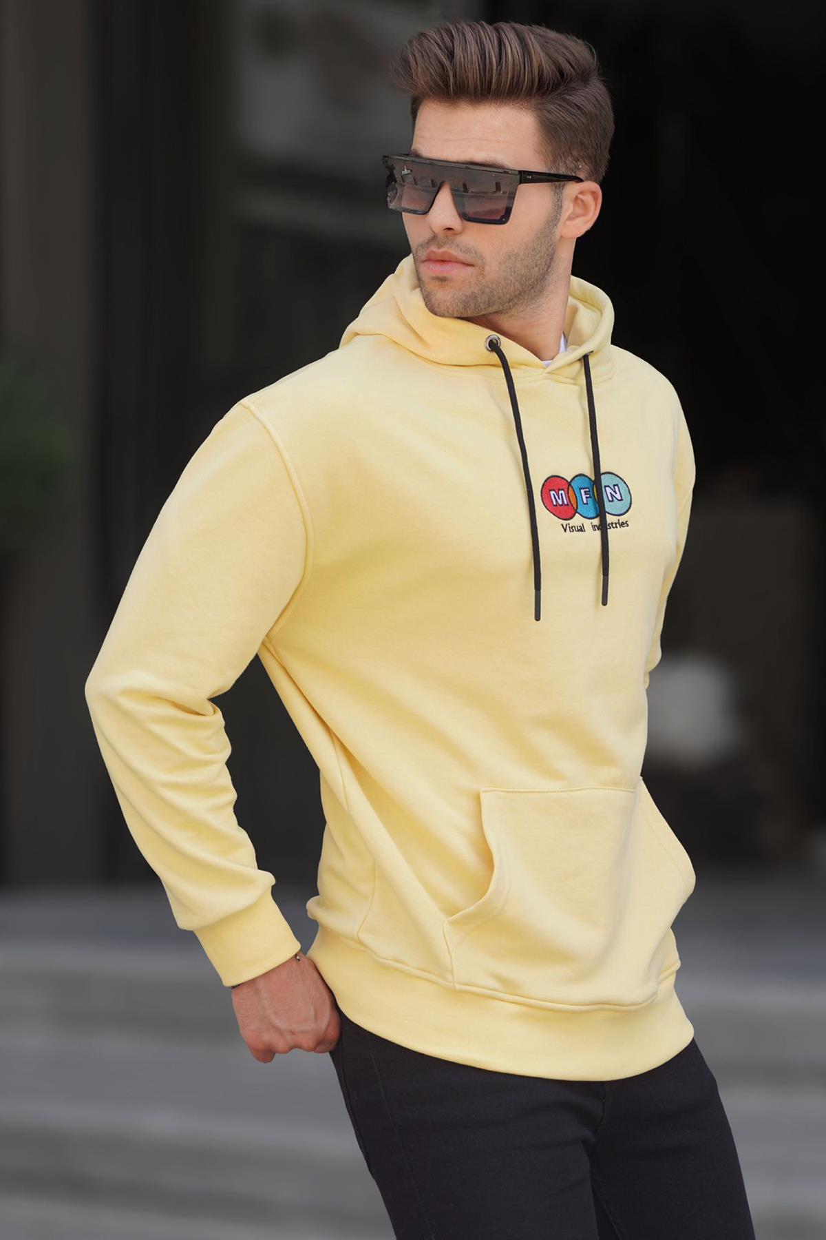 Sarı Kapüşonlu Nakışlı Erkek Sweatshirt 6145