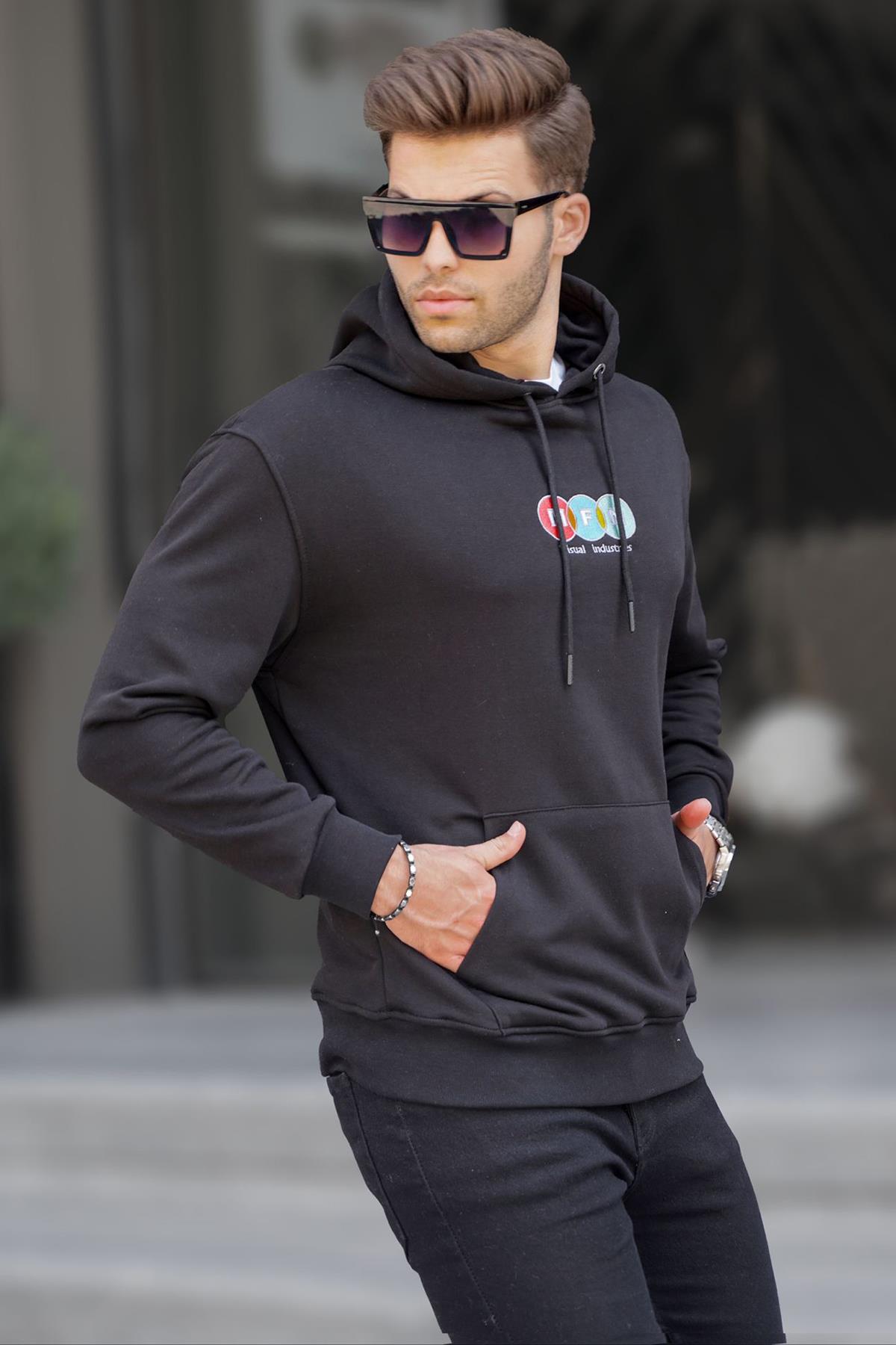 Siyah Kapüşonlu Nakışlı Erkek Sweatshirt 6145