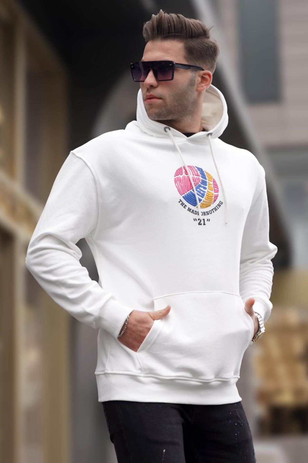 Ekru Kabartma Baskılı Kapüşonlu Sweatshirt 6042