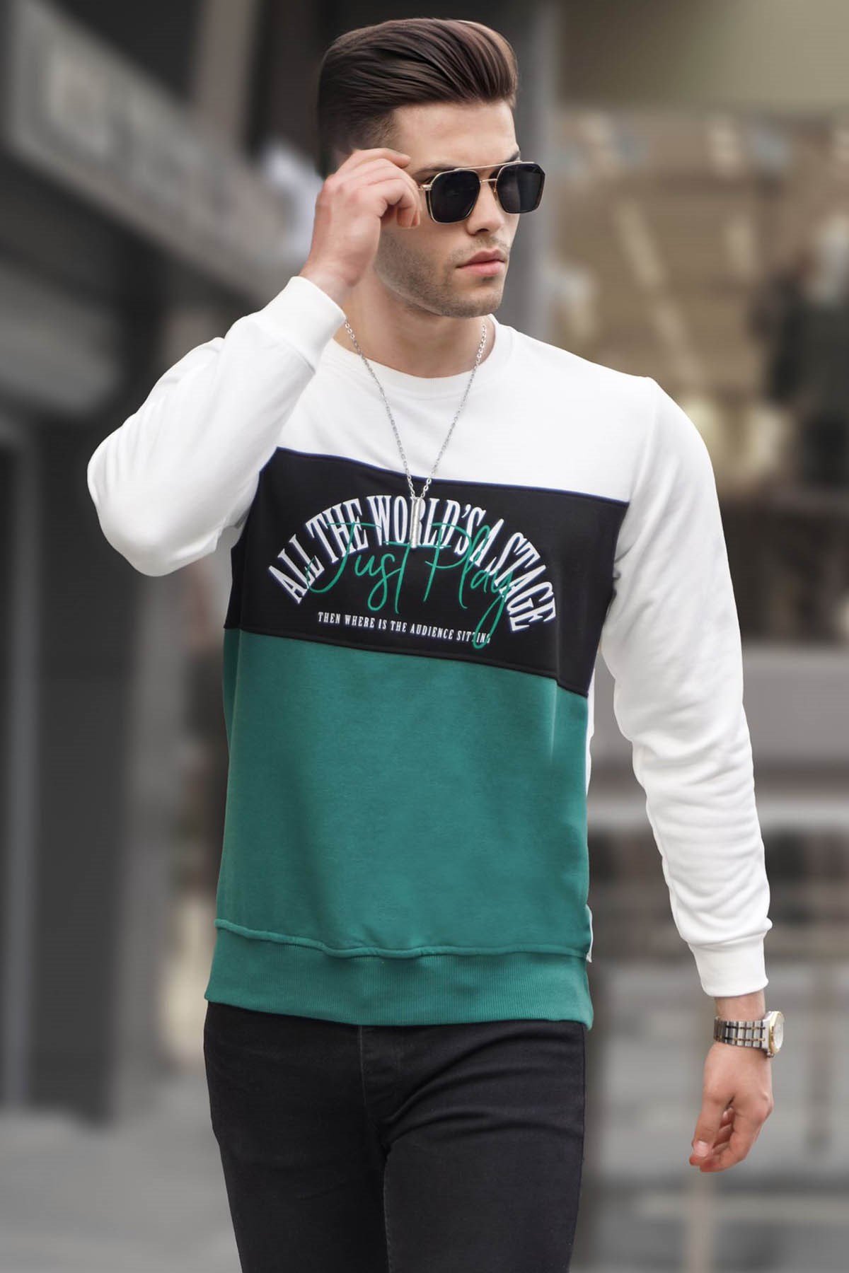 Ekru Bisiklet Yaka Baskılı Sweatshirt 6013