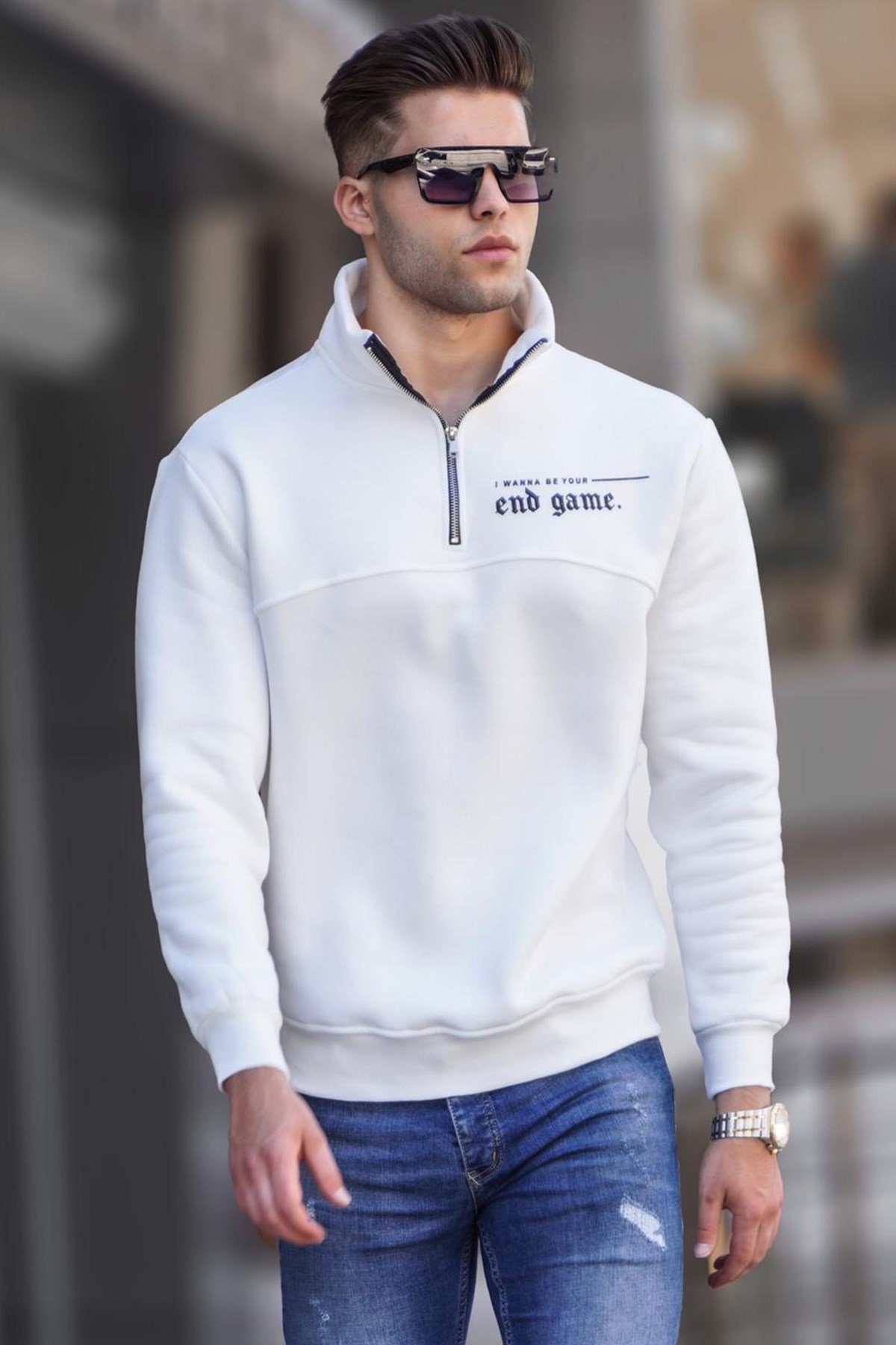 Ekru Baskılı Fermuarlı Sweatshirt 6001