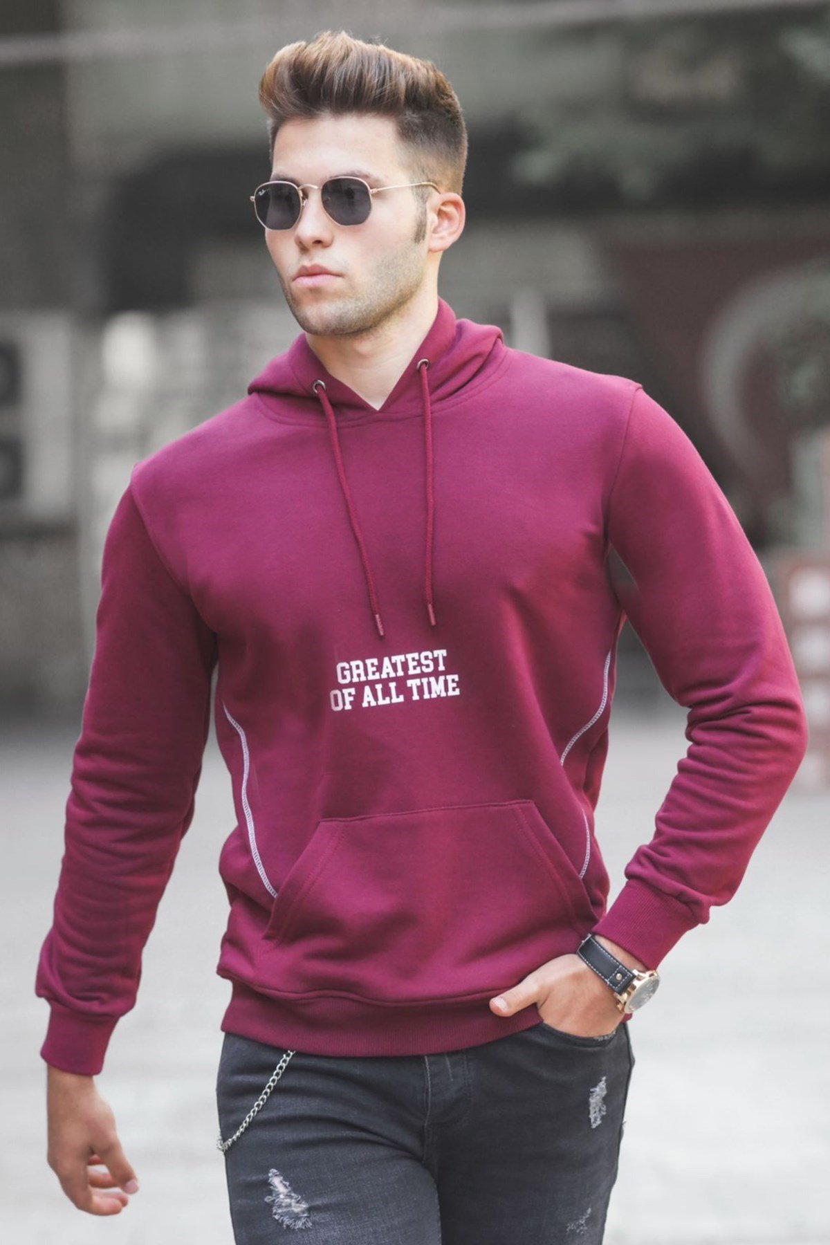 Bordo Baskılı Kapşonlu Sweatshirt 5292