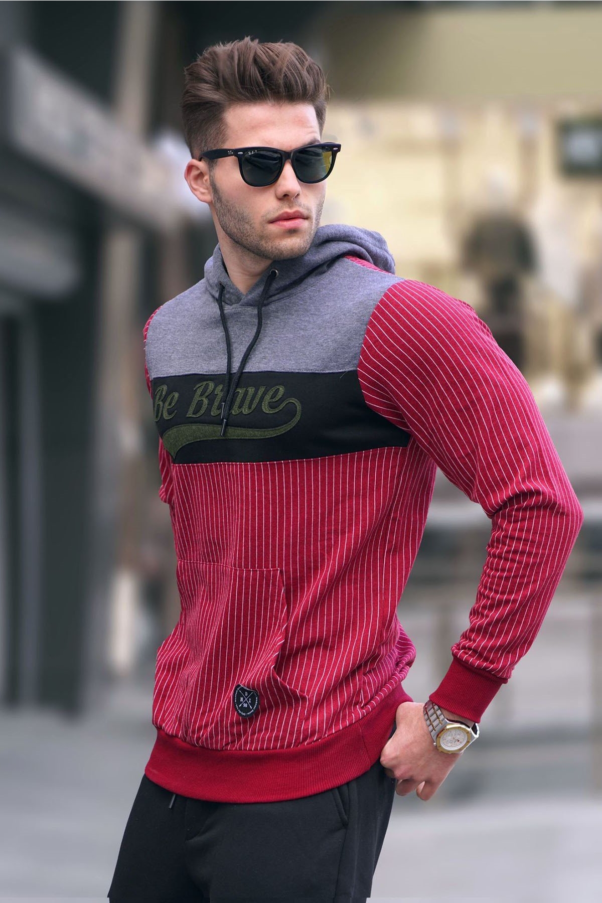 Kapşonlu Çizgili Sweatshirt Bordo 2815