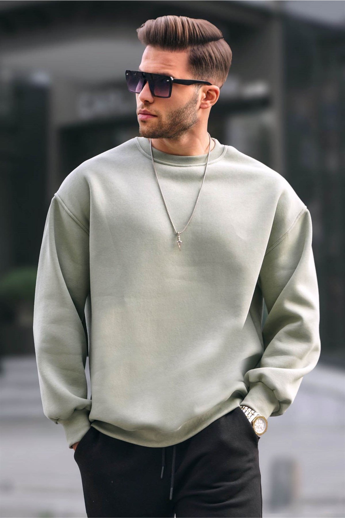 Mint Yeşili Bisiklet Yaka Oversize Şardonlu Basic Erkek Sweatshirt 6048