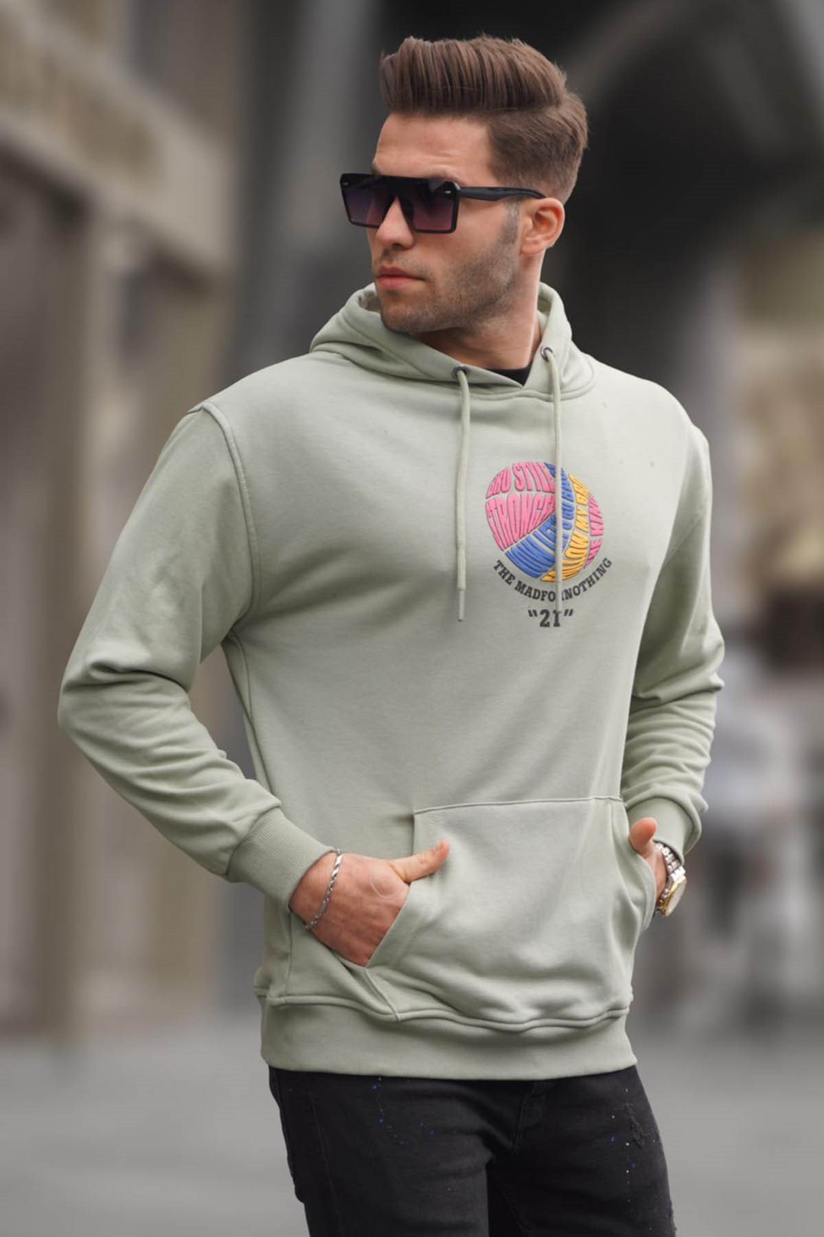 Mint Yeşili Kabartma Baskılı Kapüşonlu Sweatshirt 6042