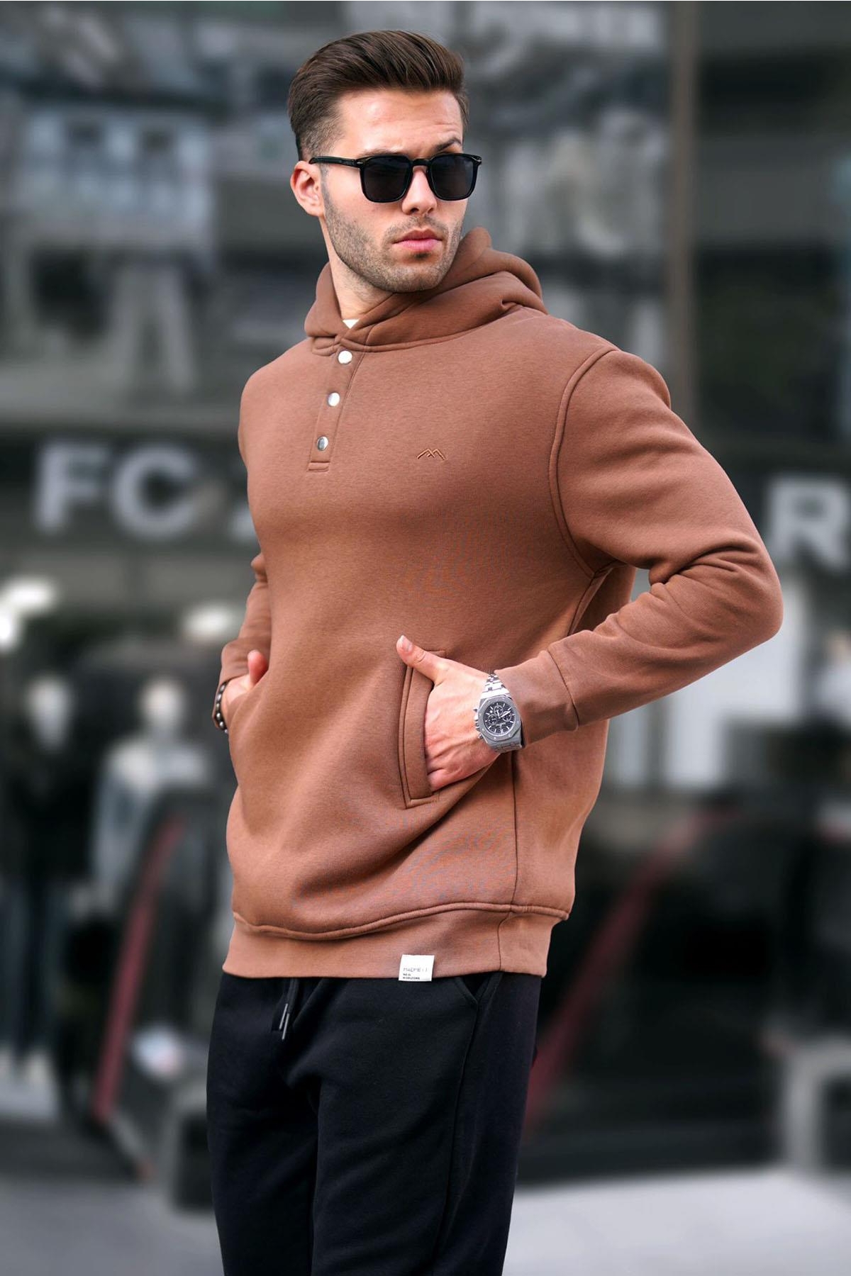 Kahverengi Kapüşonlu Düğme Detaylı Sweatshirt 6150