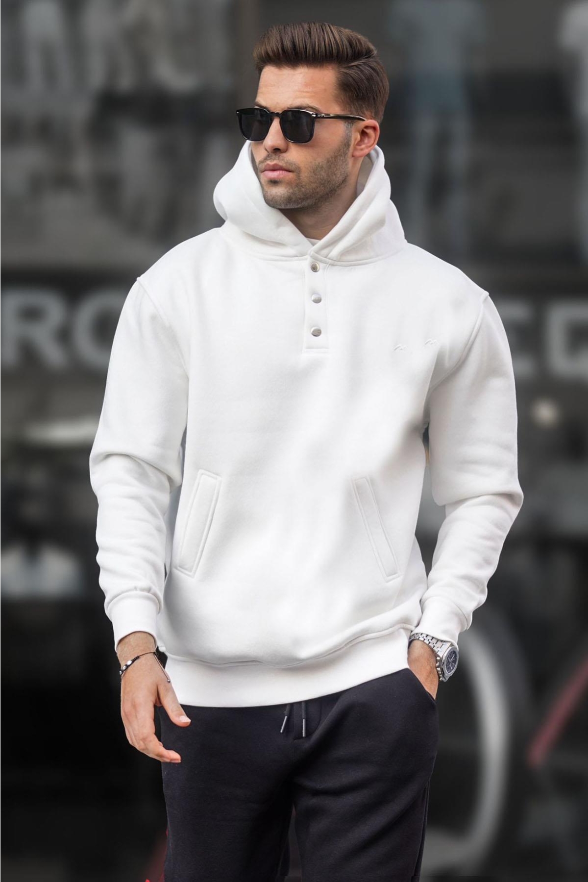 Ekru Kapüşonlu Düğme Detaylı Sweatshirt 6150