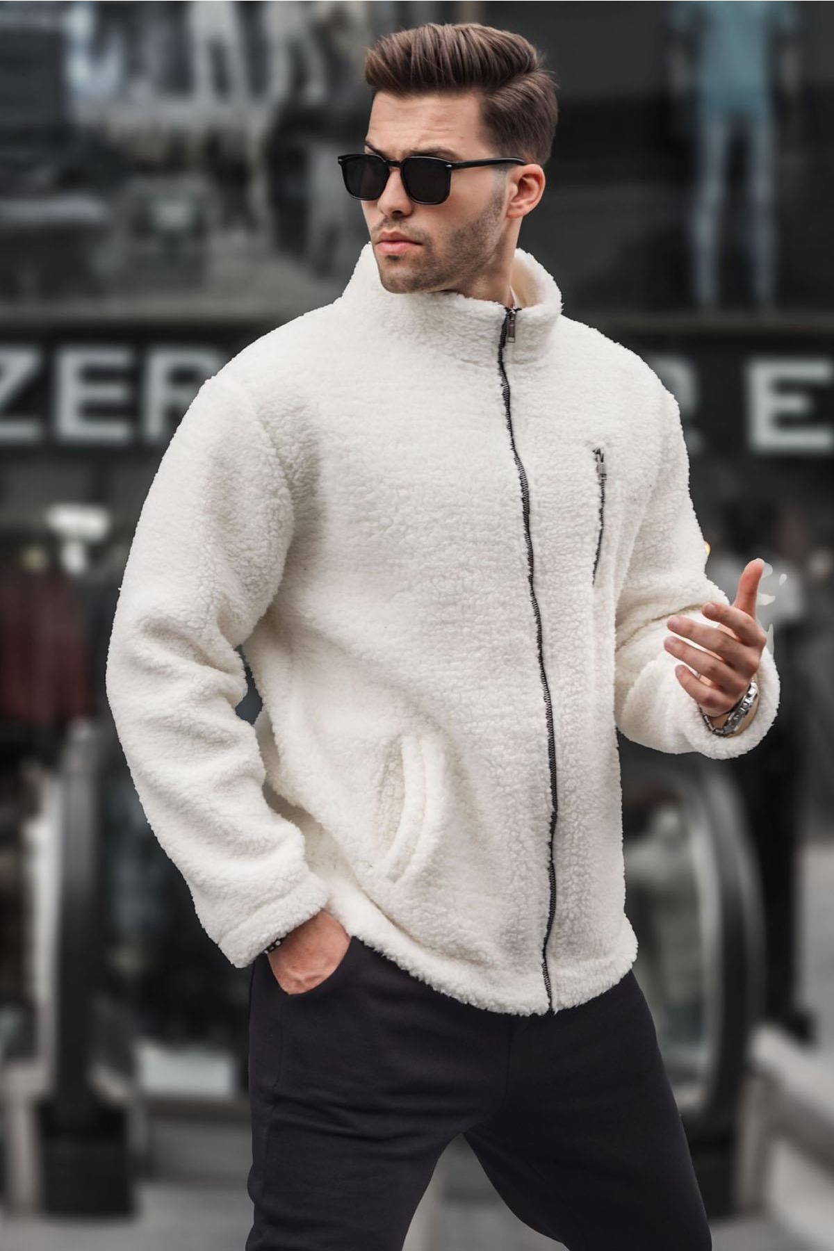 Ekru Fermuarlı Peluş Sweatshirt 6152