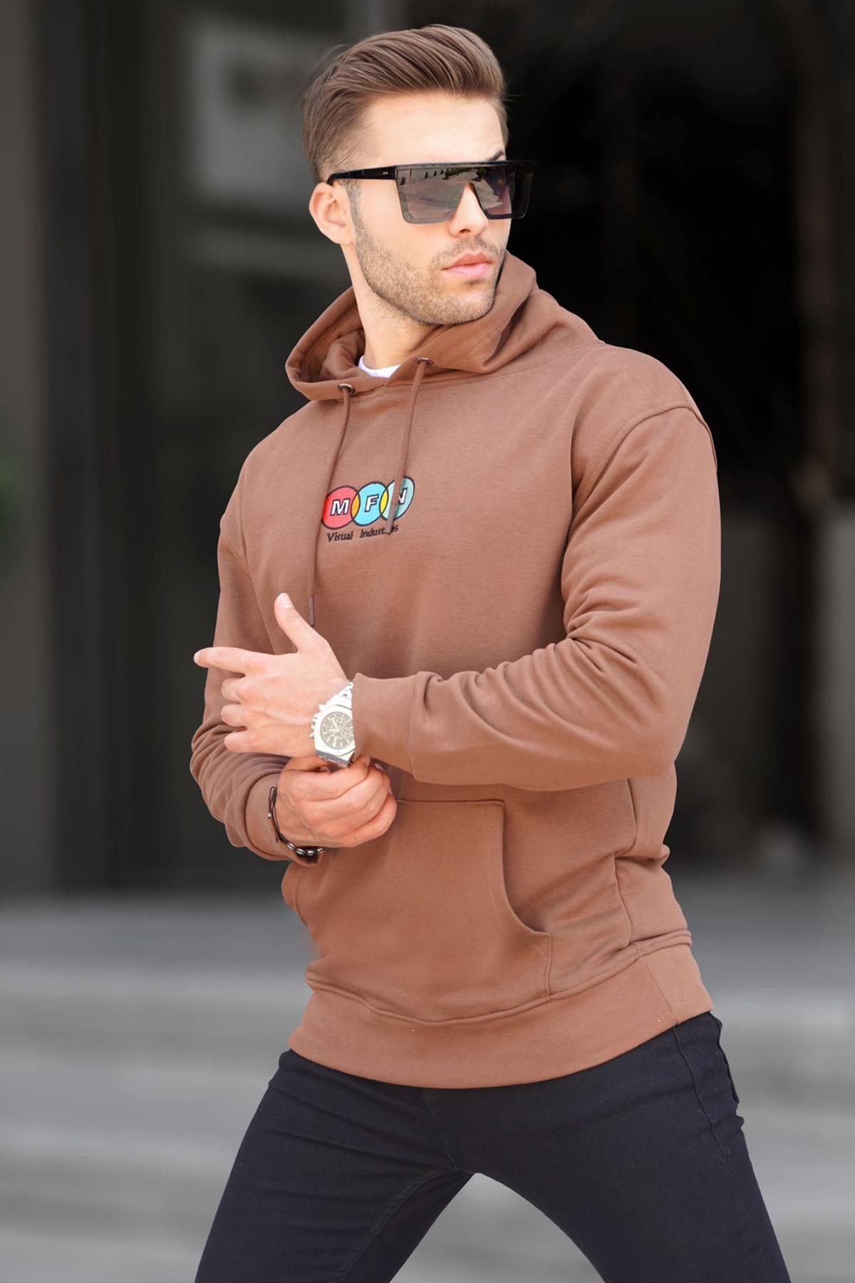 Kahverengi Kapüşonlu Nakışlı Erkek Sweatshirt 6145