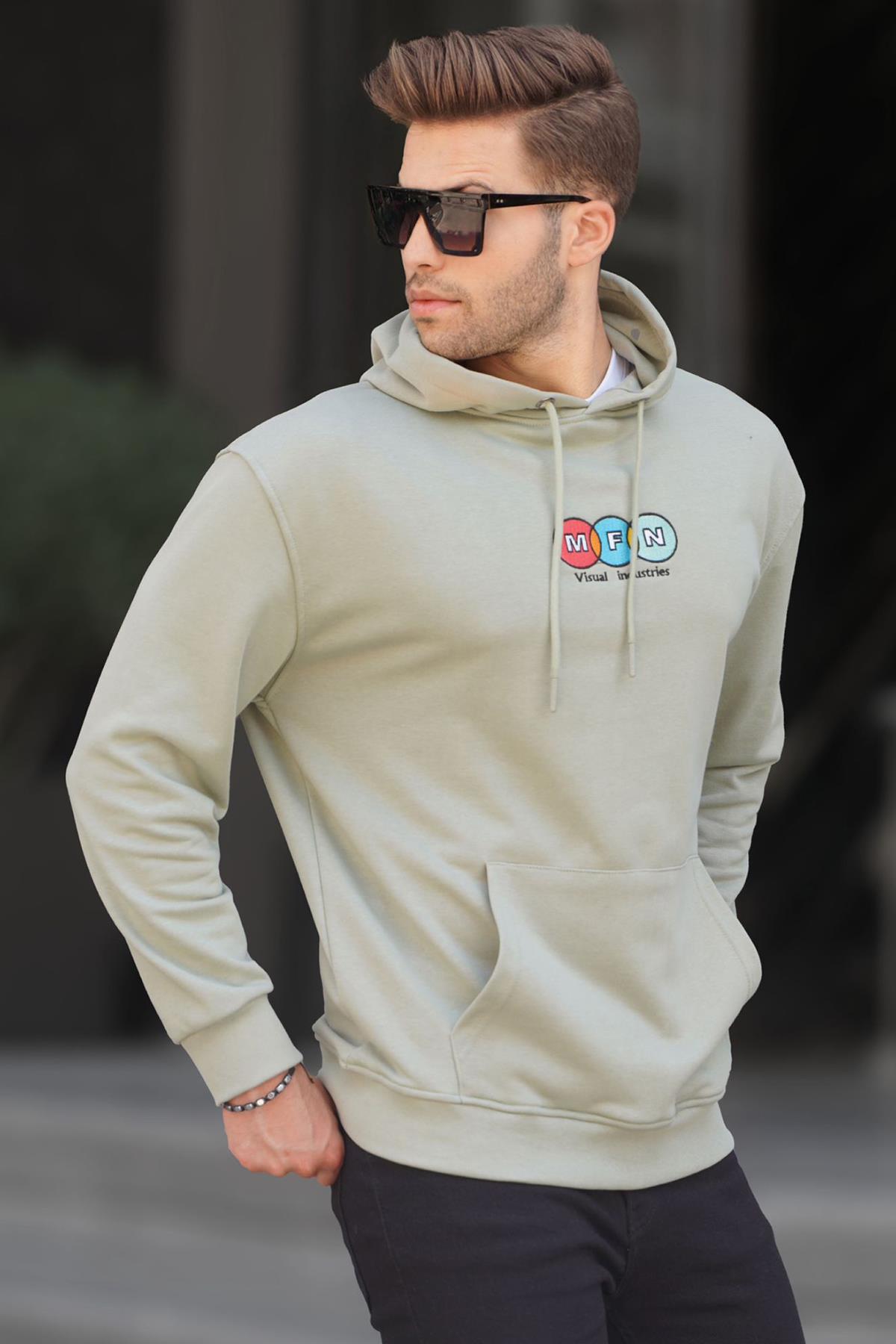 Mint Yeşili Kapüşonlu Nakışlı Erkek Sweatshirt 6145