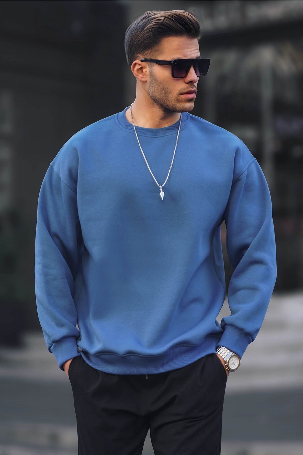 İndigo Bisiklet Yaka Oversize Şardonlu Basic Erkek Sweatshirt 6048