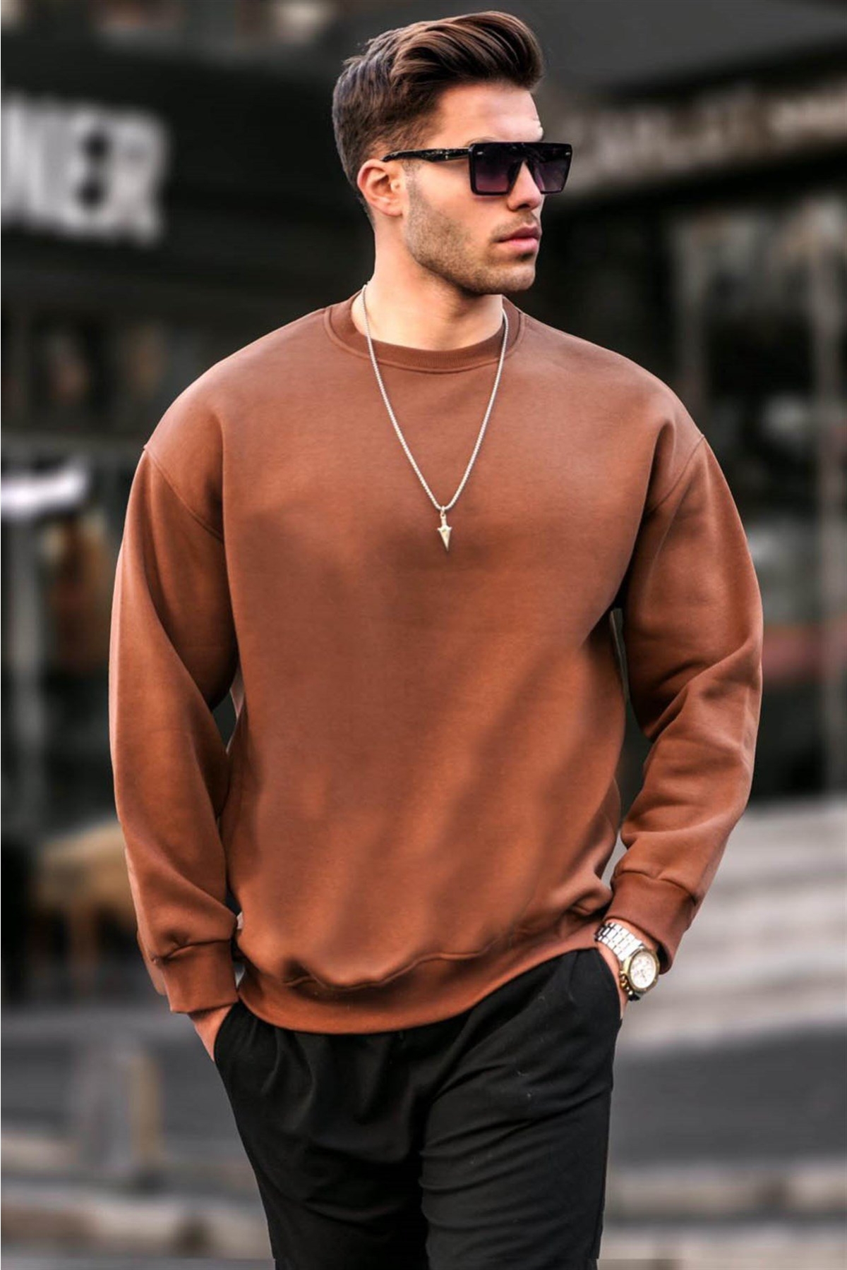 Kahverengi Bisiklet Yaka Oversize Şardonlu Basic Erkek Sweatshirt 6048