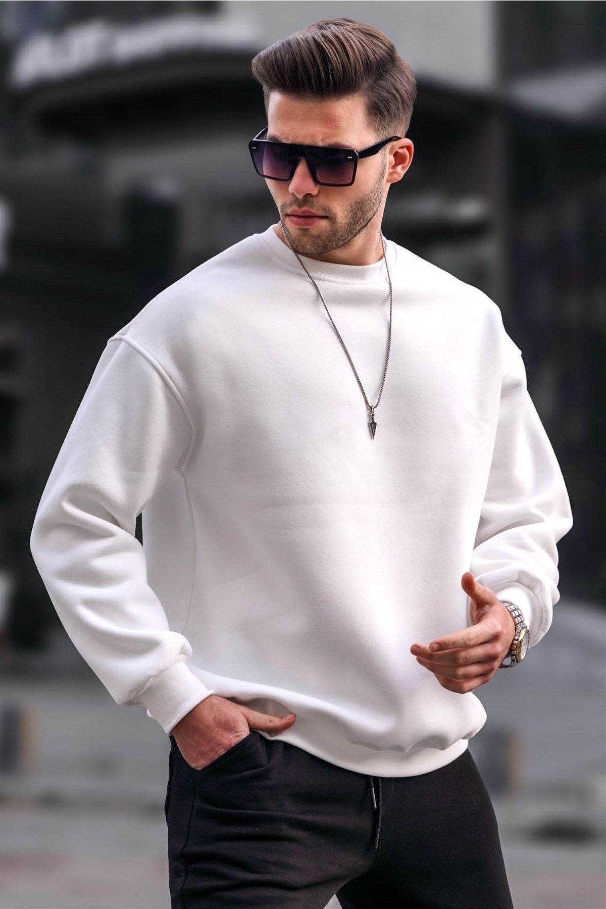 Ekru Bisiklet Yaka Oversize Şardonlu Basic Erkek Sweatshirt 6048