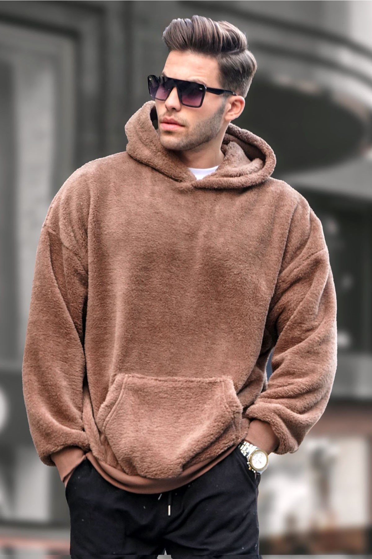 Kahverengi Peluş Kapüşonlu Erkek Sweatshirt 6050