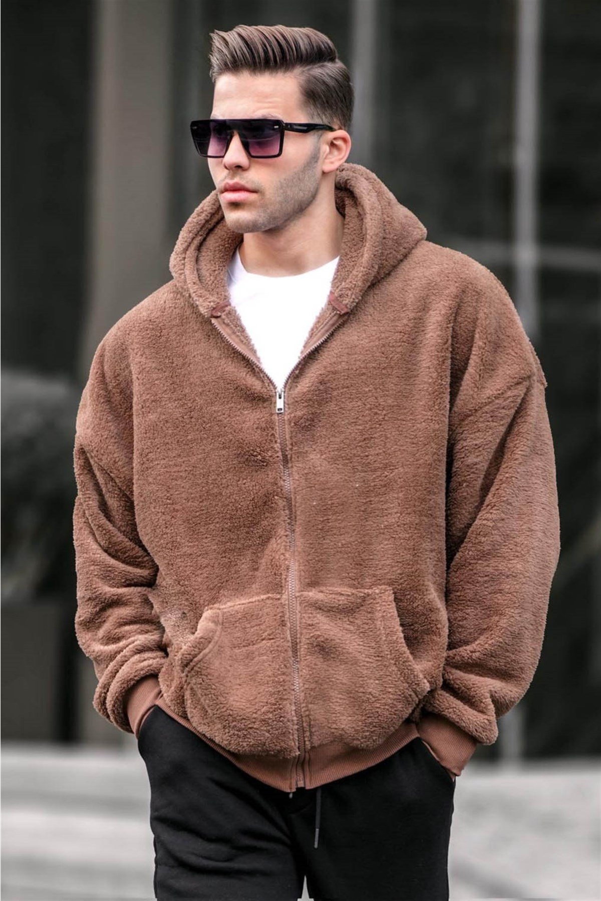 Kahverengi  Peluş Over Fit Kapüşonlu Fermuarlı Erkek Sweatshirt 6049