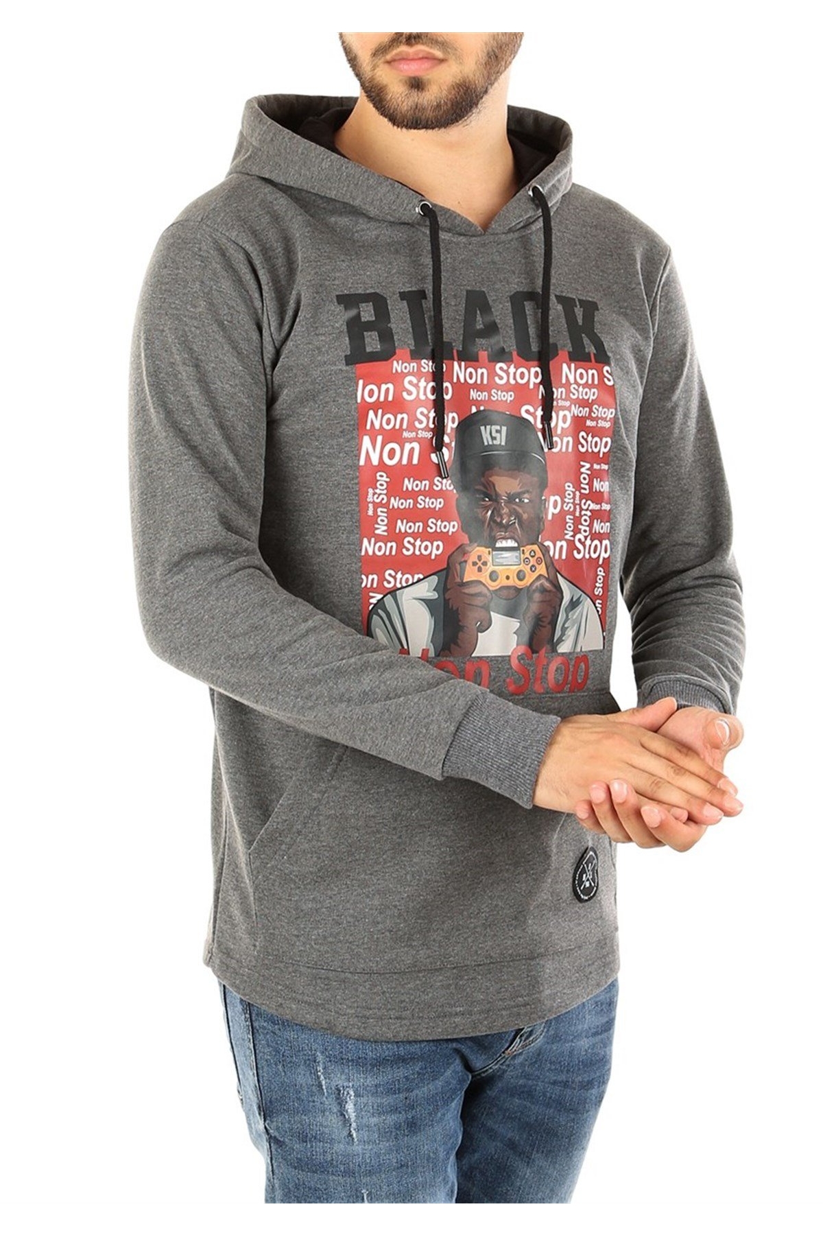 Kapşonlu Baskılı Sweatshirt Füme 2779