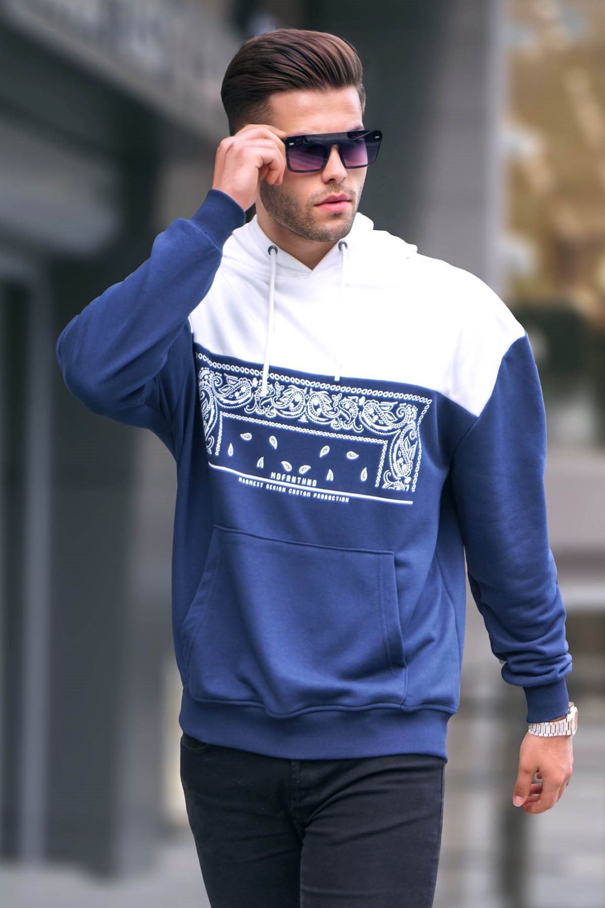 Lacivert Kapüşonlu Desenli Sweatshirt 6022