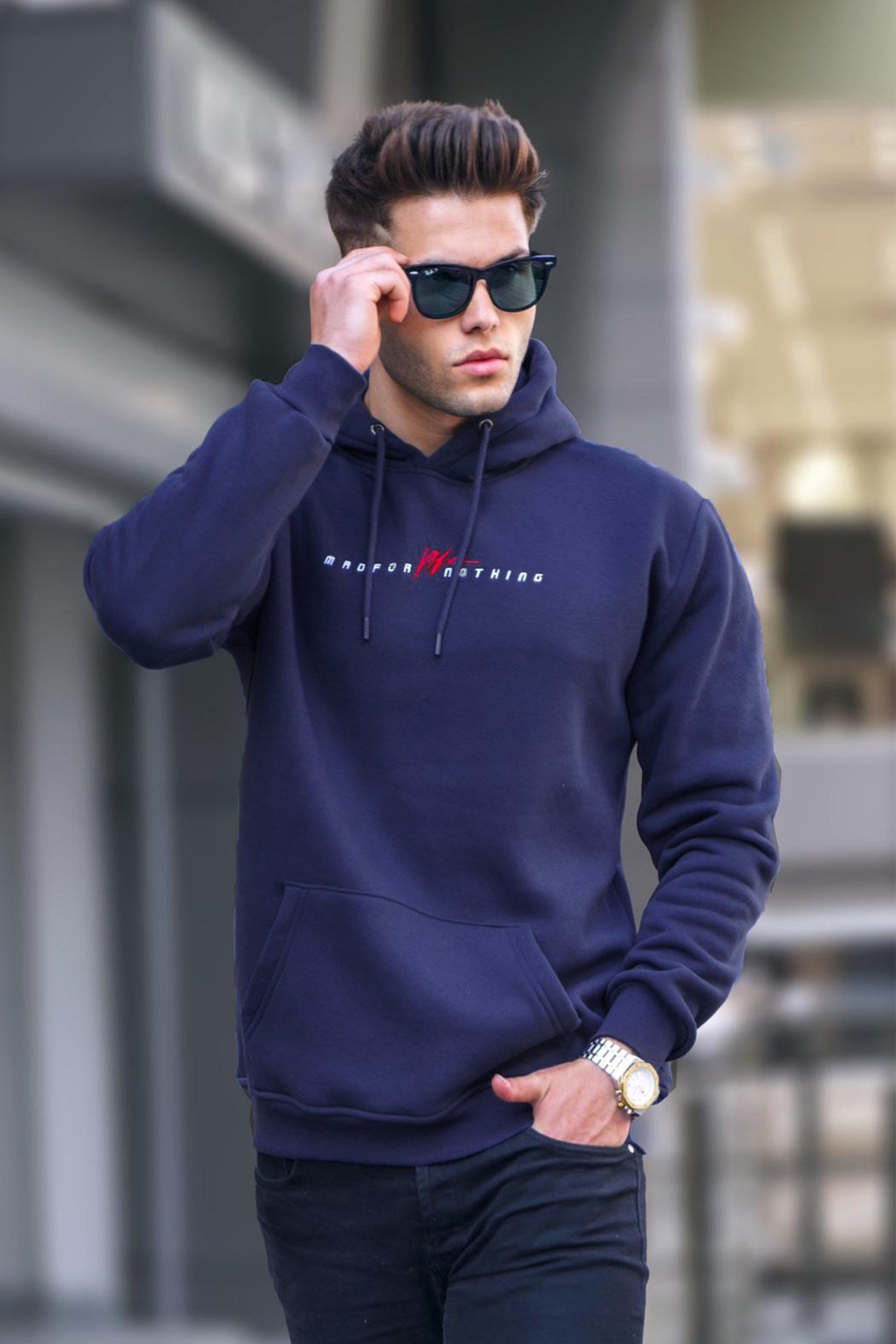 Lacivert Basic Kapüşonlu Sweatshirt 6002