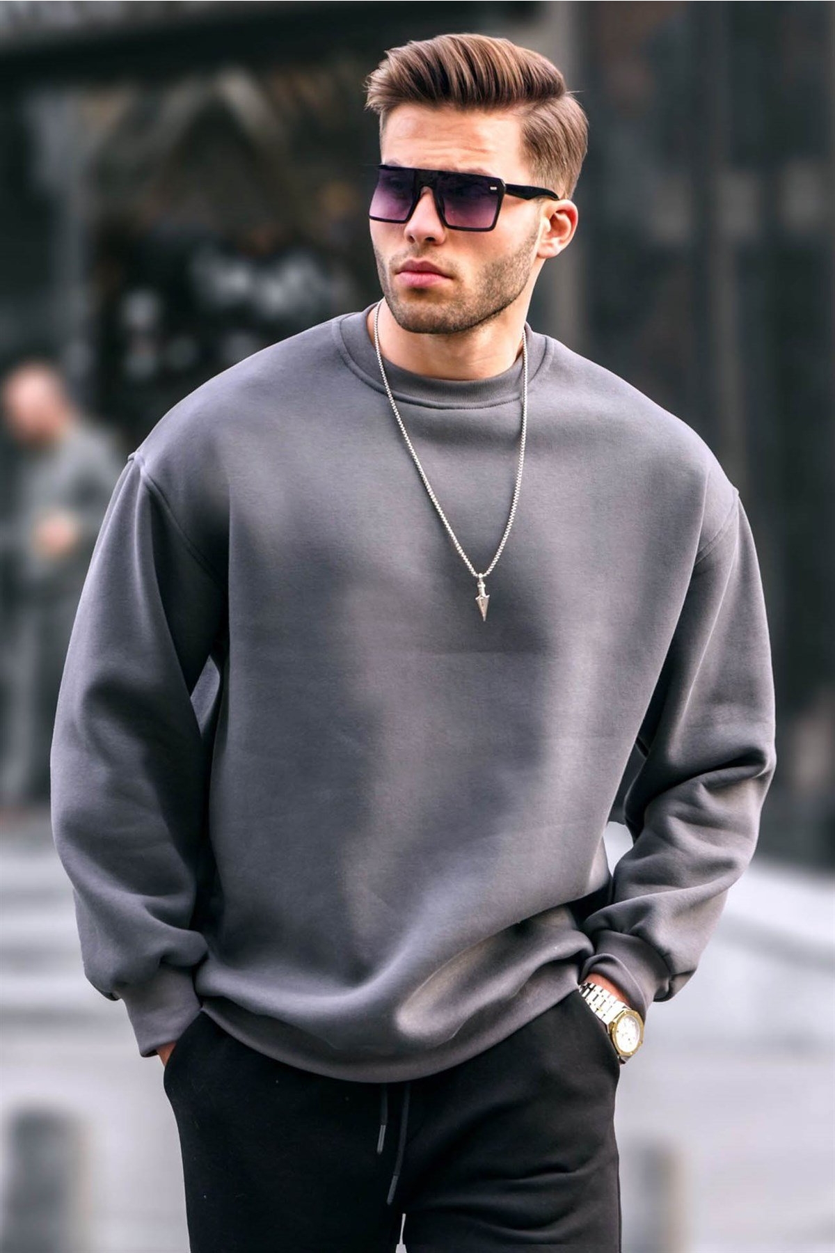 Madmext Füme Bisiklet Yaka Oversize Şardonlu Basic Erkek Sweatshirt 6048