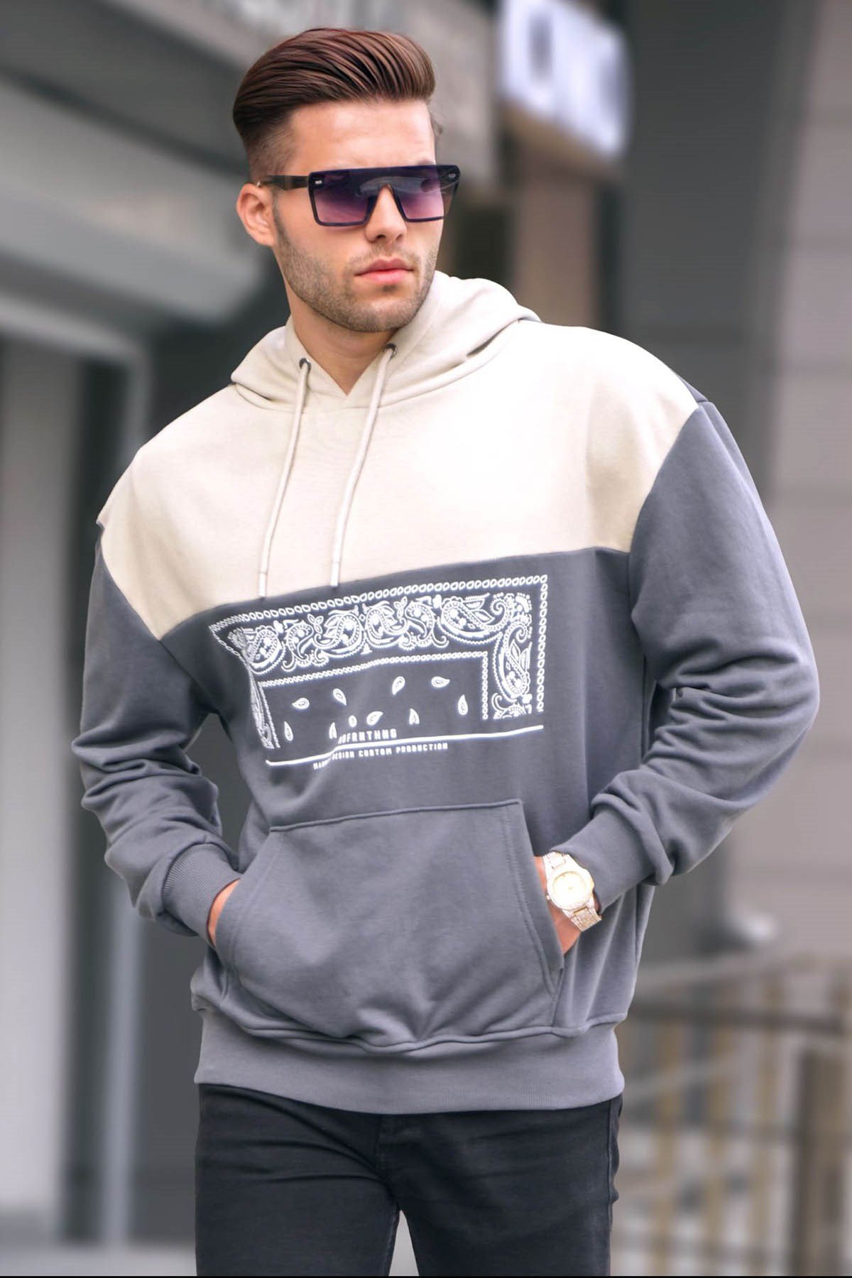 Füme Kapüşonlu Desenli Sweatshirt 6022