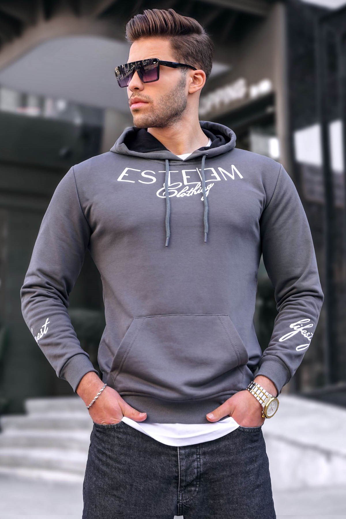 Baskılı Füme Kapşonlu Sweatshirt 4402