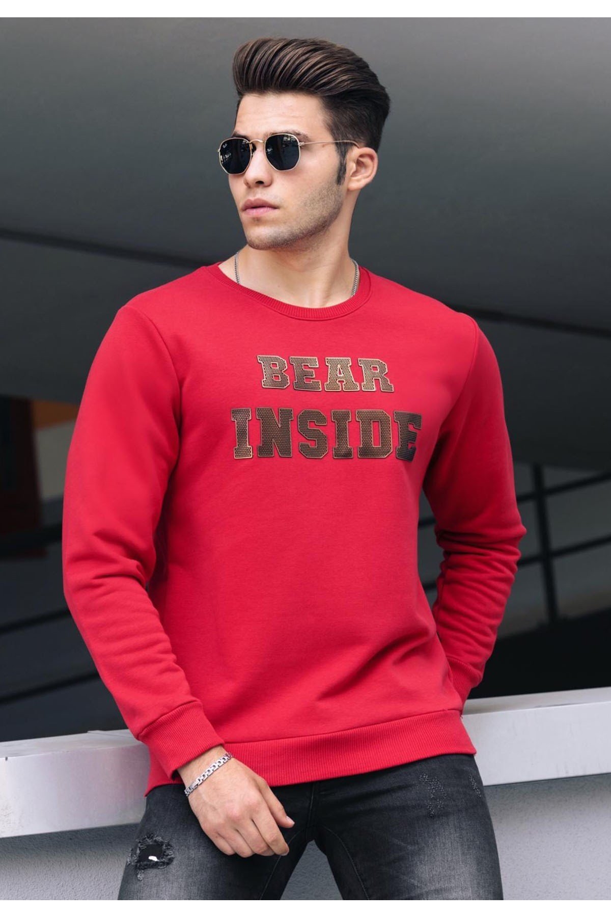 Kırmızı Baskılı Bisiklet Yaka Sweatshirt 4751