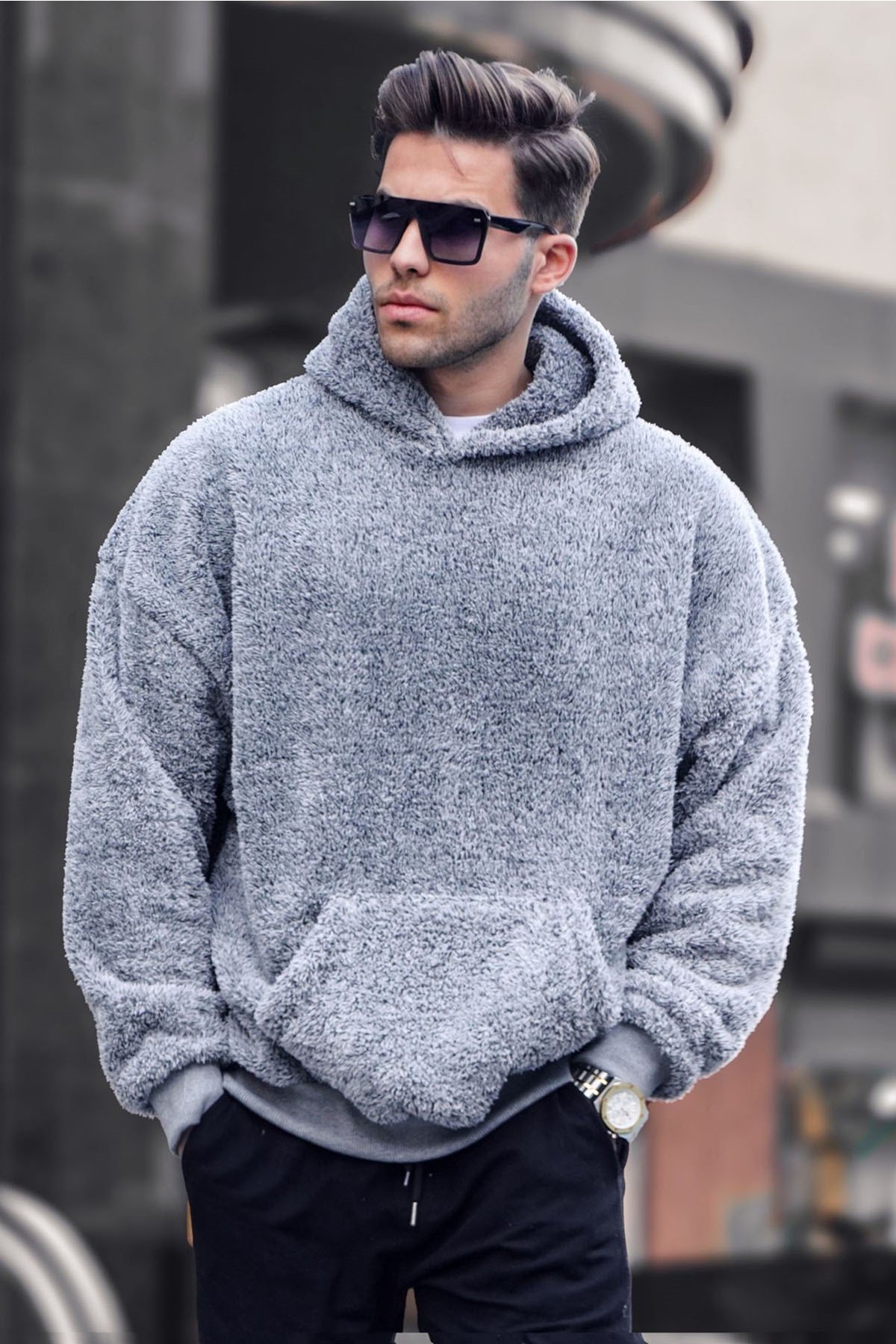 Gri Peluş Kapüşonlu Erkek Sweatshirt 6050