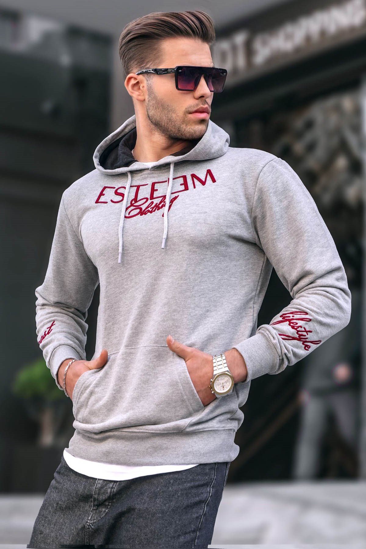 Baskılı Gri Kapşonlu Sweatshirt 4402