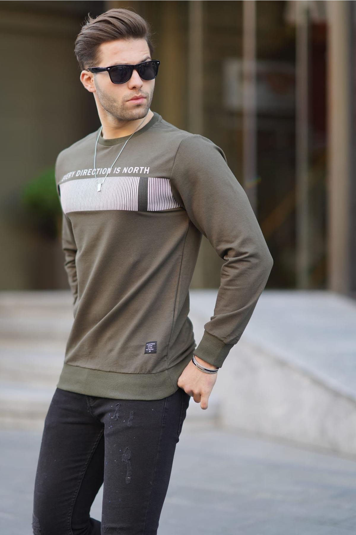 Haki Bisiklet Yaka Kol Detaylı Erkek Sweatshirt 2139