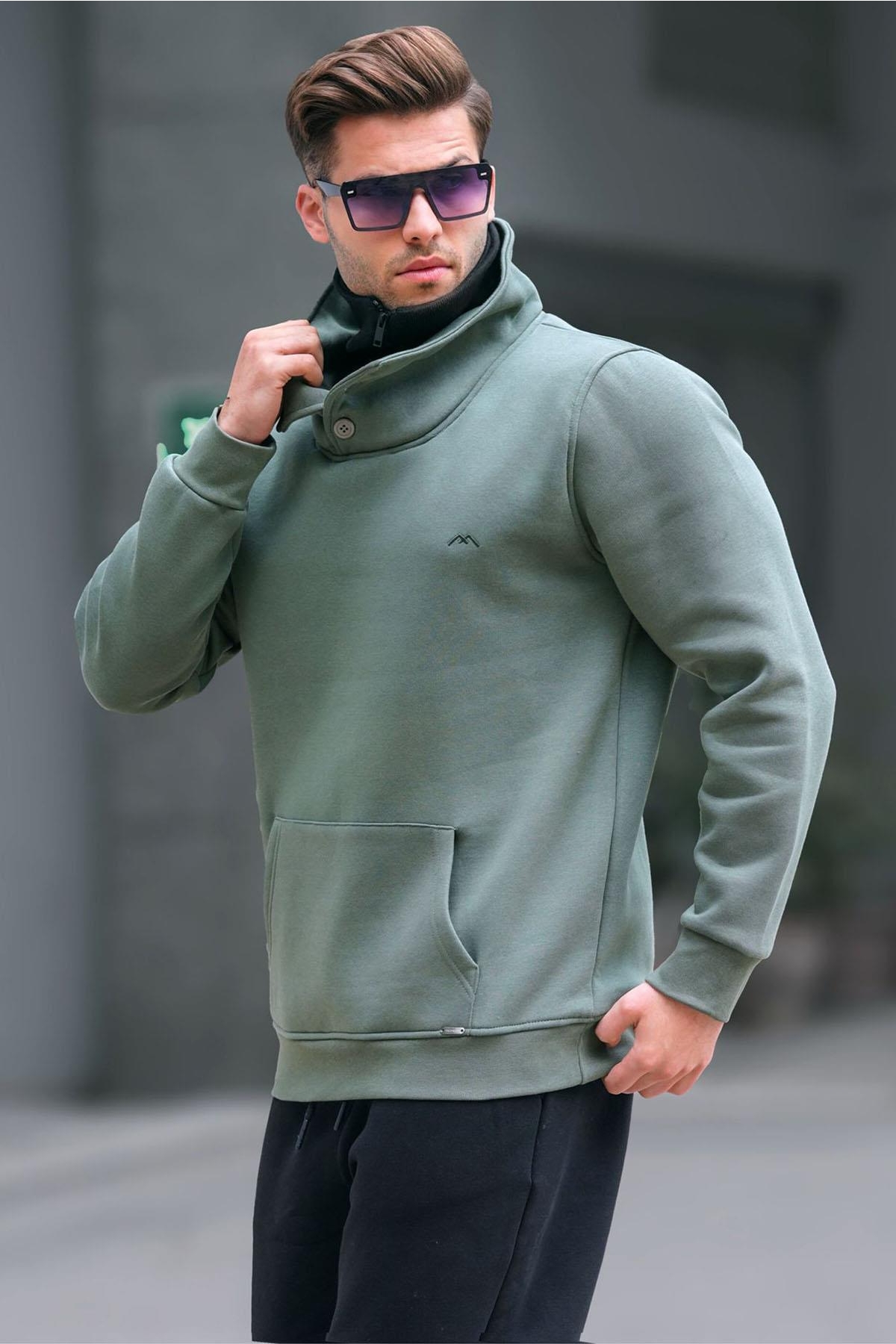 Triko Yaka Düğmeli Haki Sweatshirt 4411