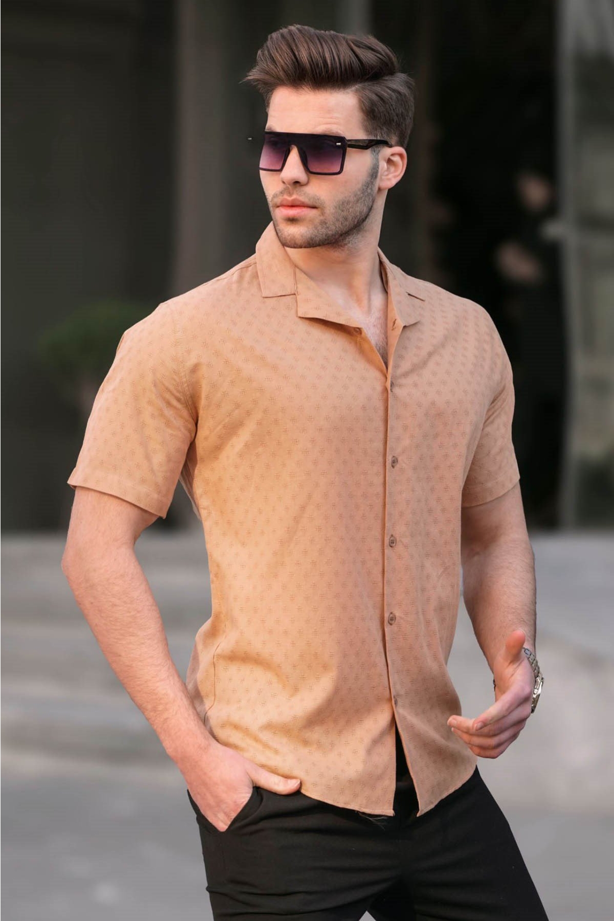 Camel Slim Fit %100 Pamuk Kısa Kol Erkek Gömlek 5585