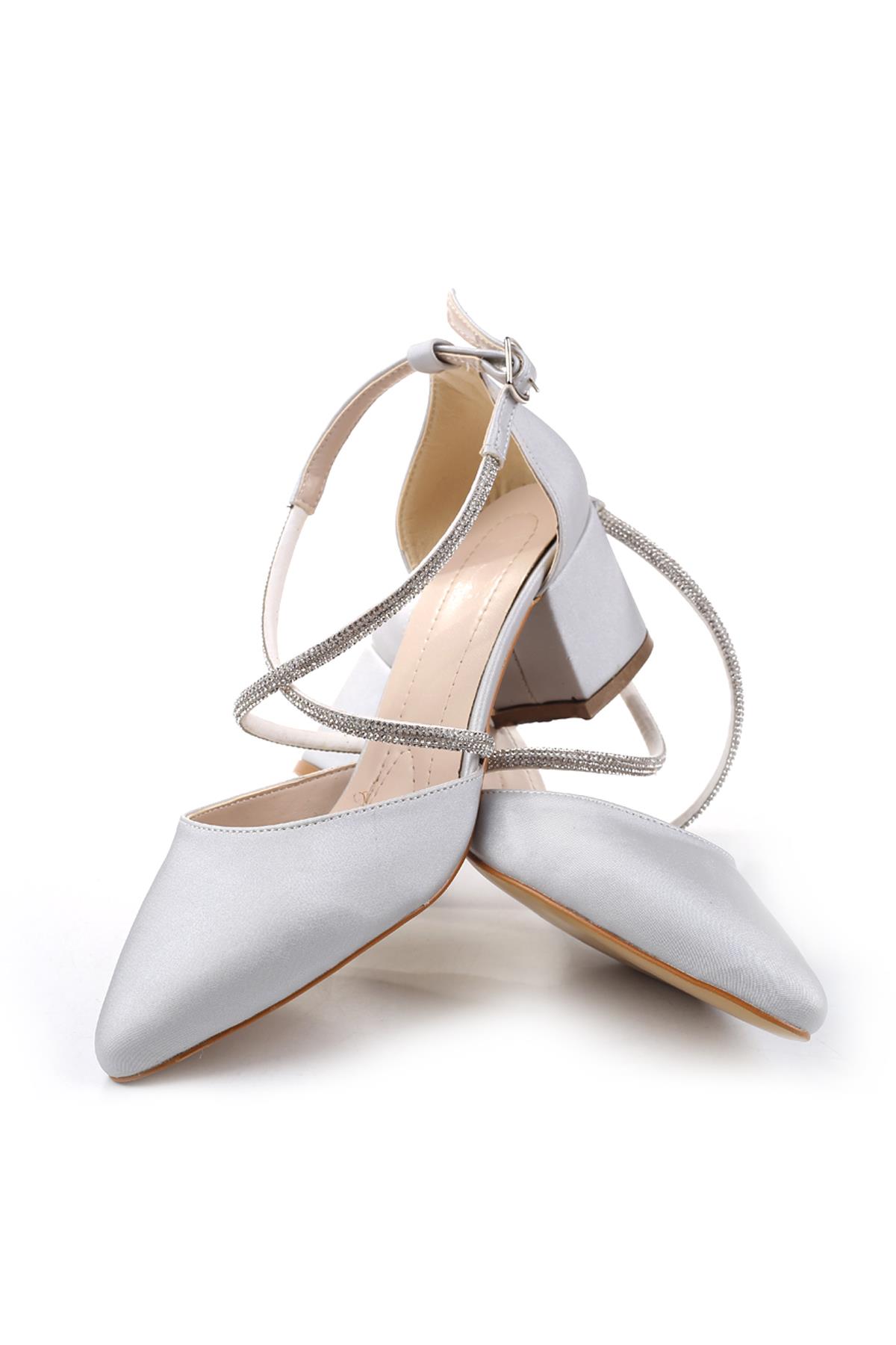 3909 Kadın Taş Detaylı 5,5 Cm Topuklu Saten Ayakkabı - Görsel 5