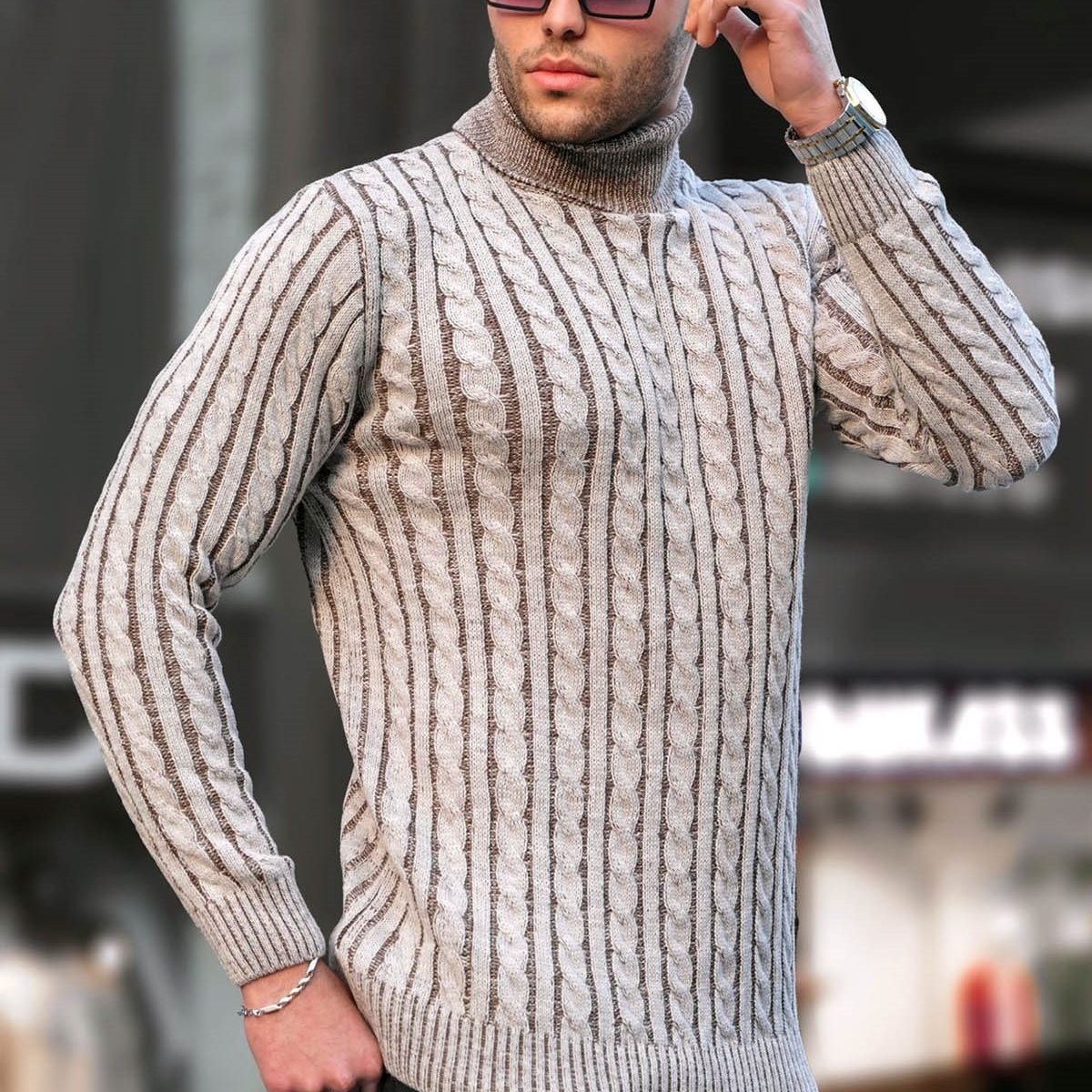 MadmextBej Balıkçı Yaka Örgü Detaylı Kazak 6317