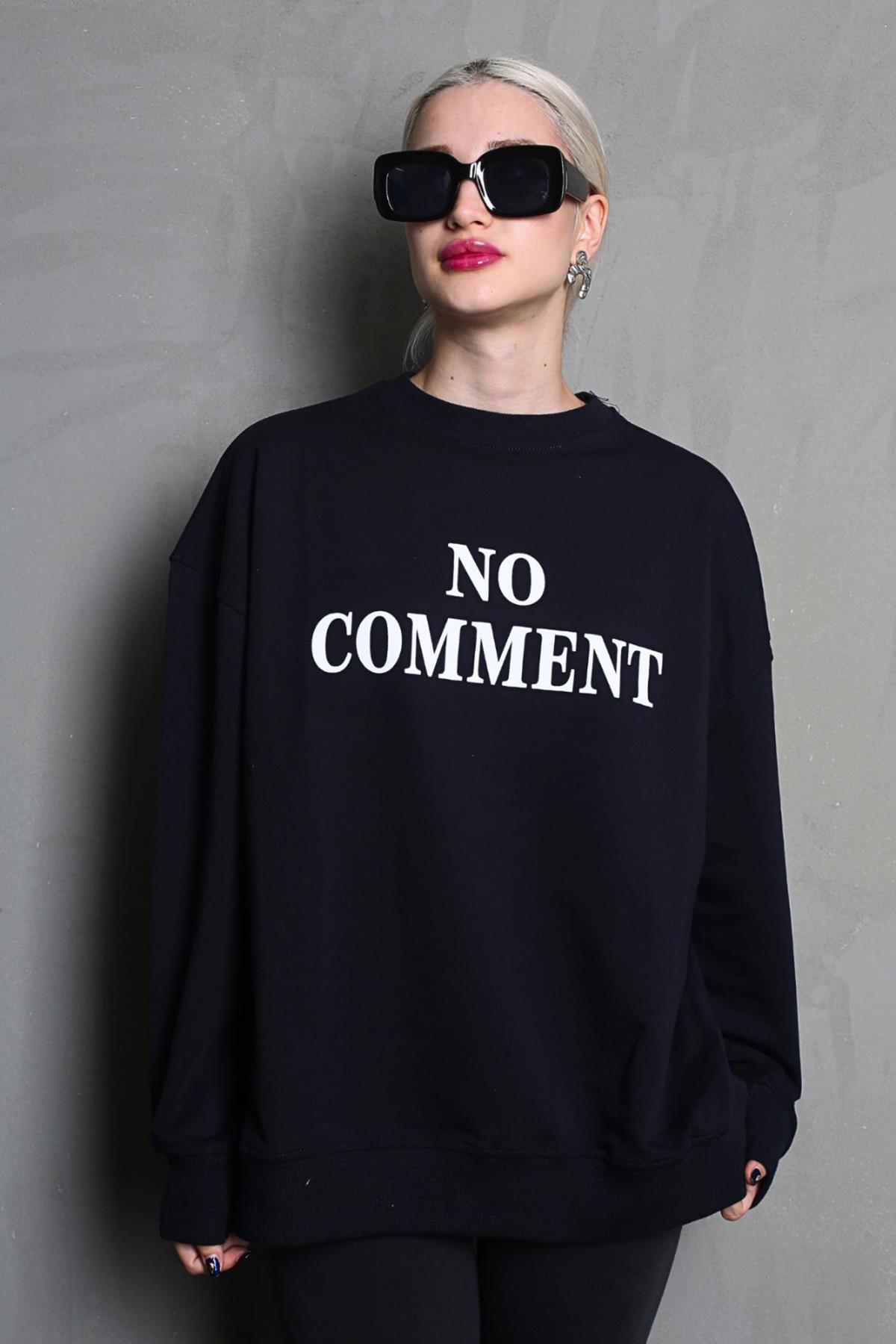 Madmext Siyah Bisiklet Yaka Baskılı Oversize Kadın Sweatshirt MG1902 — 2