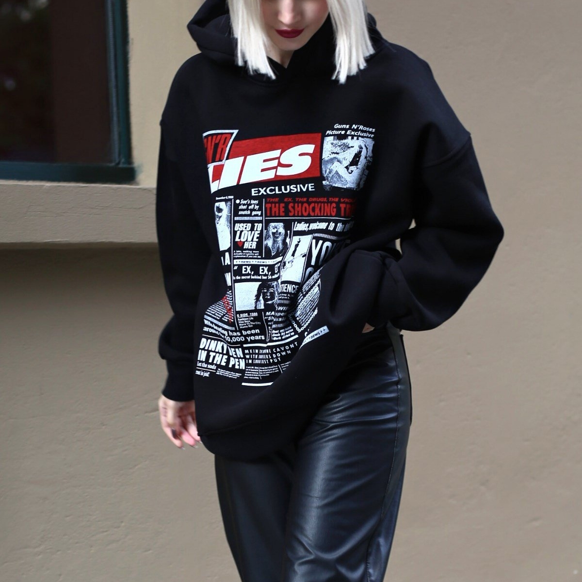 Siyah Baskılı Oversize Kapüşonlu Kadın Sweatshirt MG1581 Fiyatları